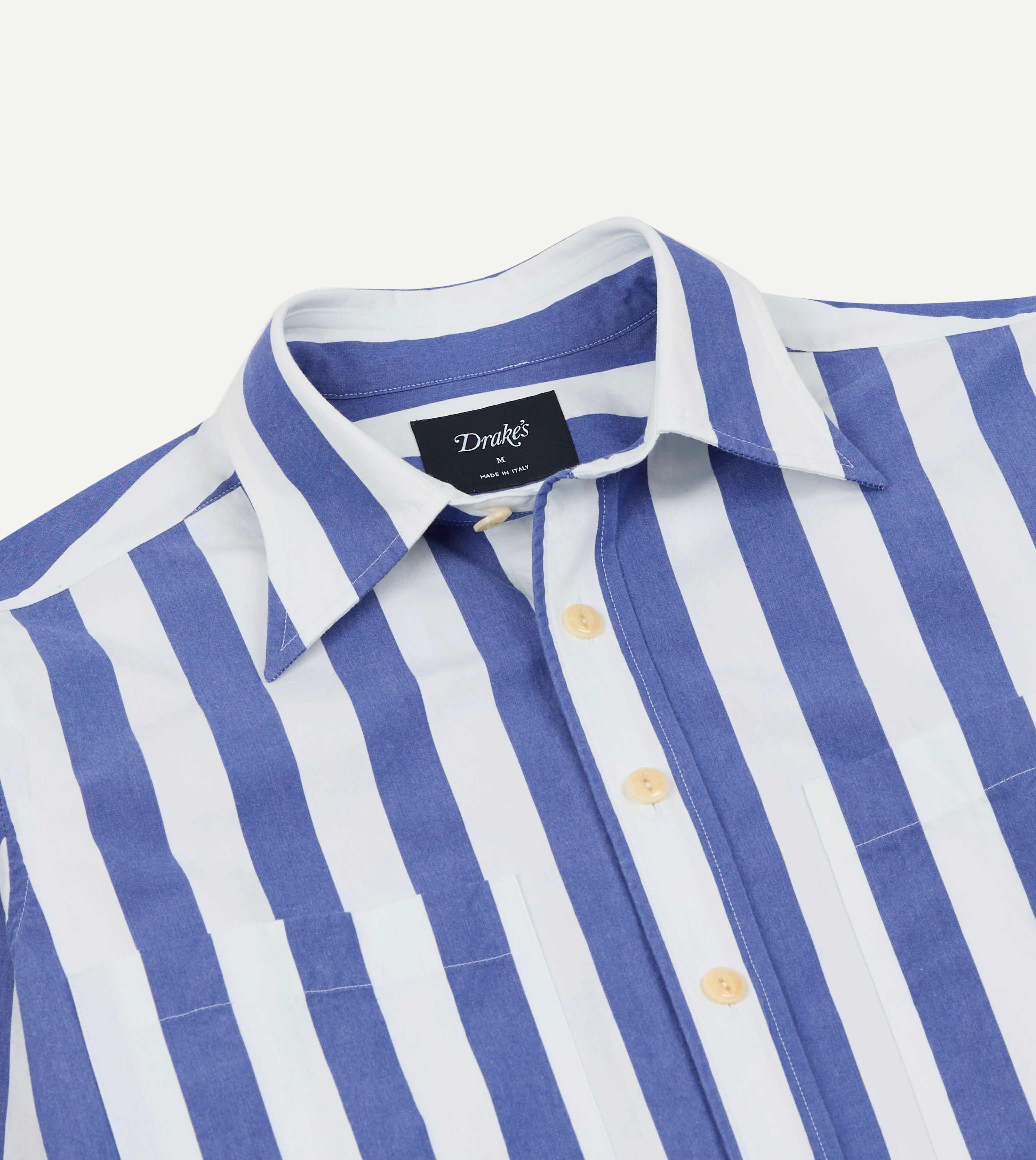 Blue and White Awning Stripe Cotton Long Point Collar Shirt - Image 5