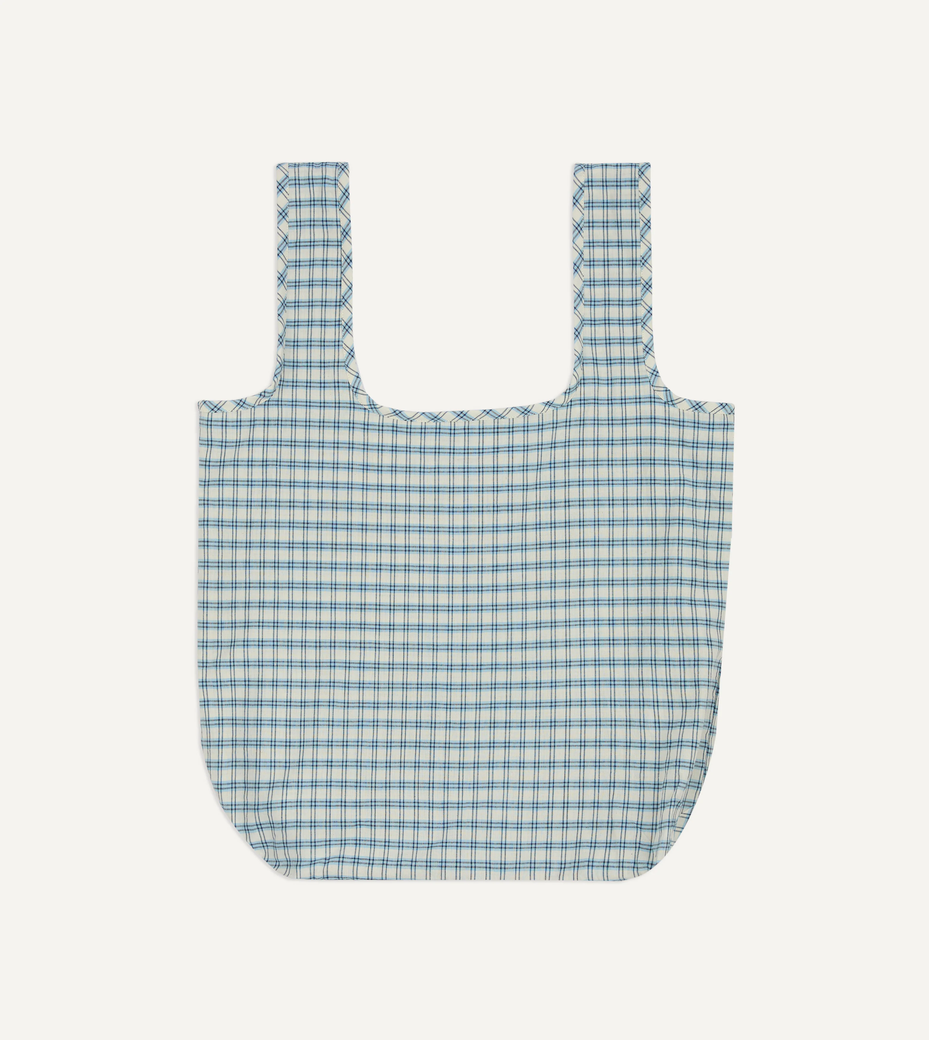 Blue and White Madras Check Cotton Market Tote Bag - Image 3