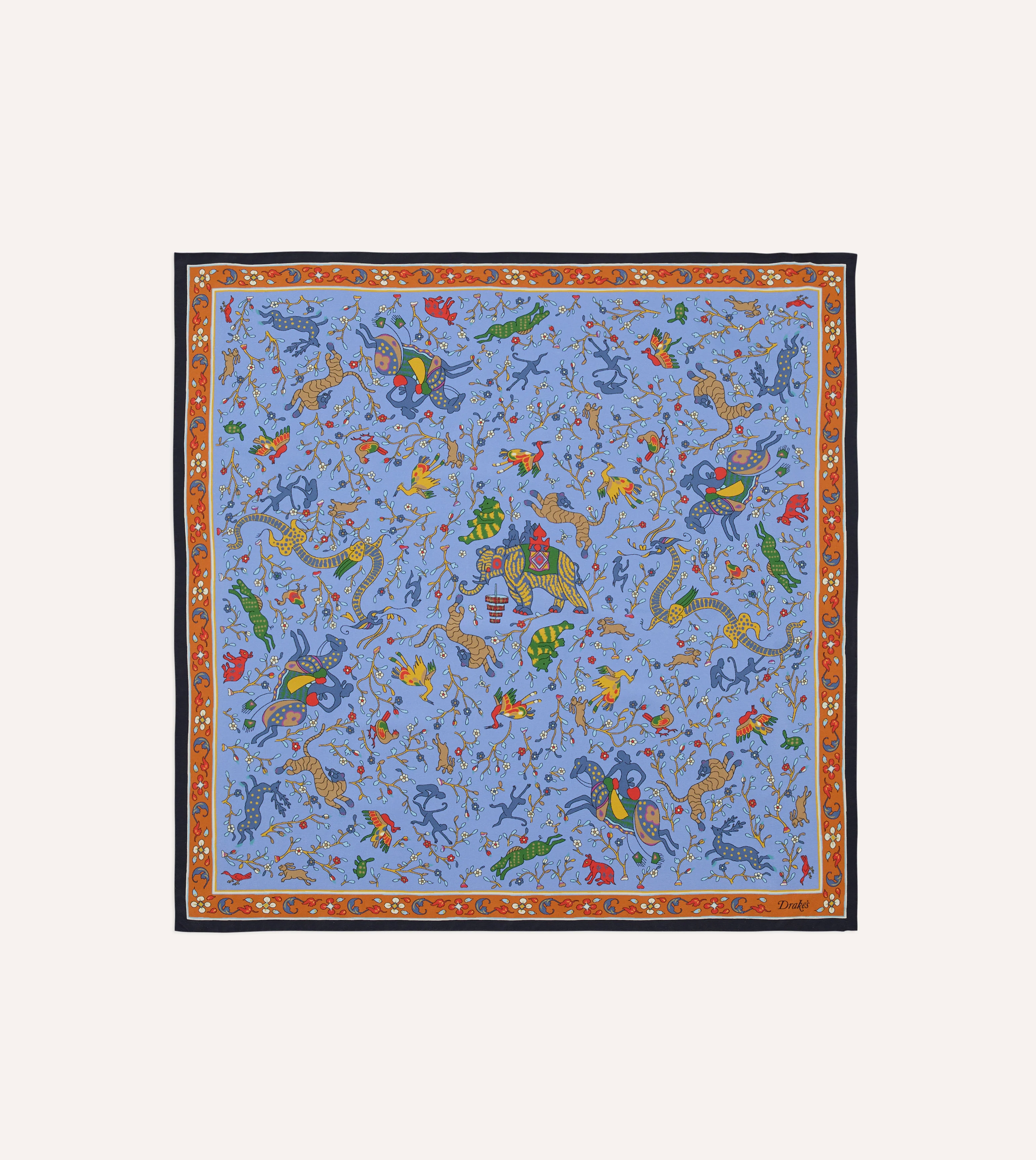 Blue Animals and Flowers Print Silk Bandana