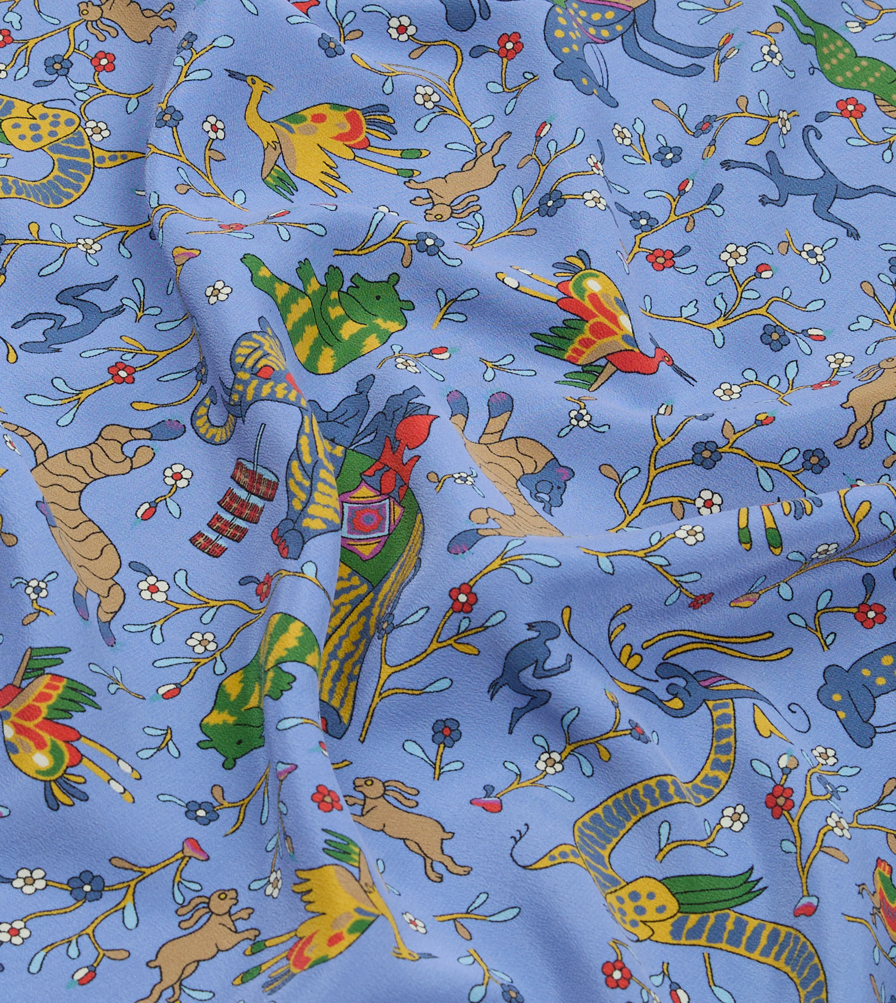 Blue Animals and Flowers Print Silk Bandana - Image 2