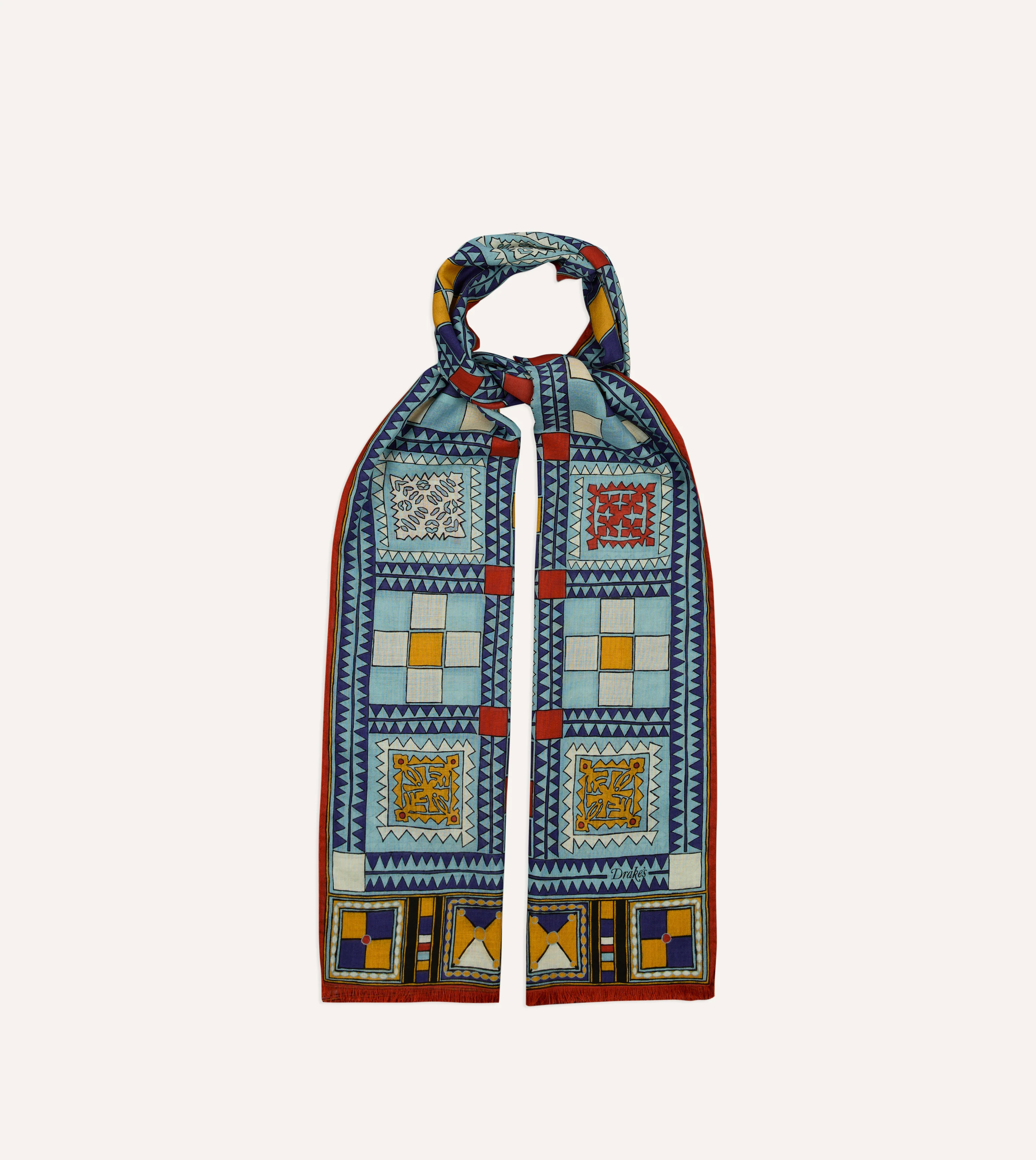 Blue Geometric Print Wool Silk Scarf - Image 5
