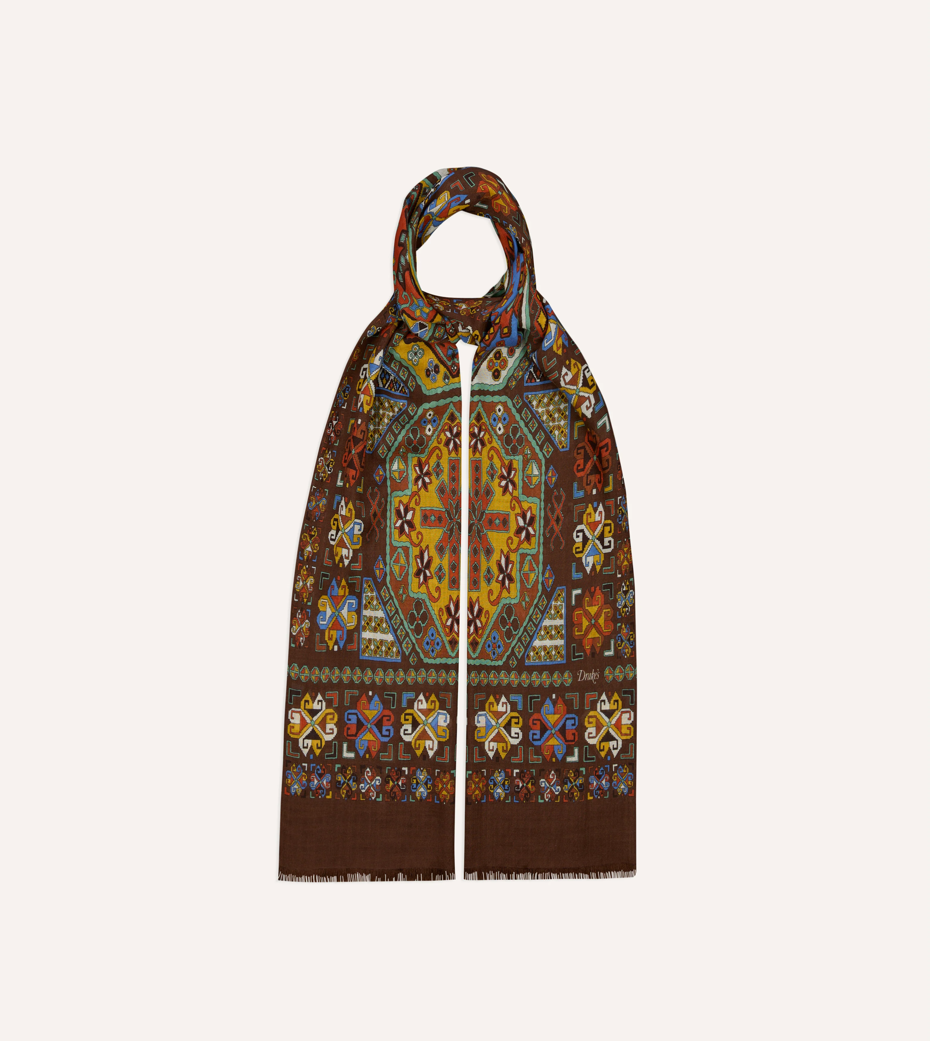 Brown Carpet Print Tubular Wool-Silk Scarf - Image 3