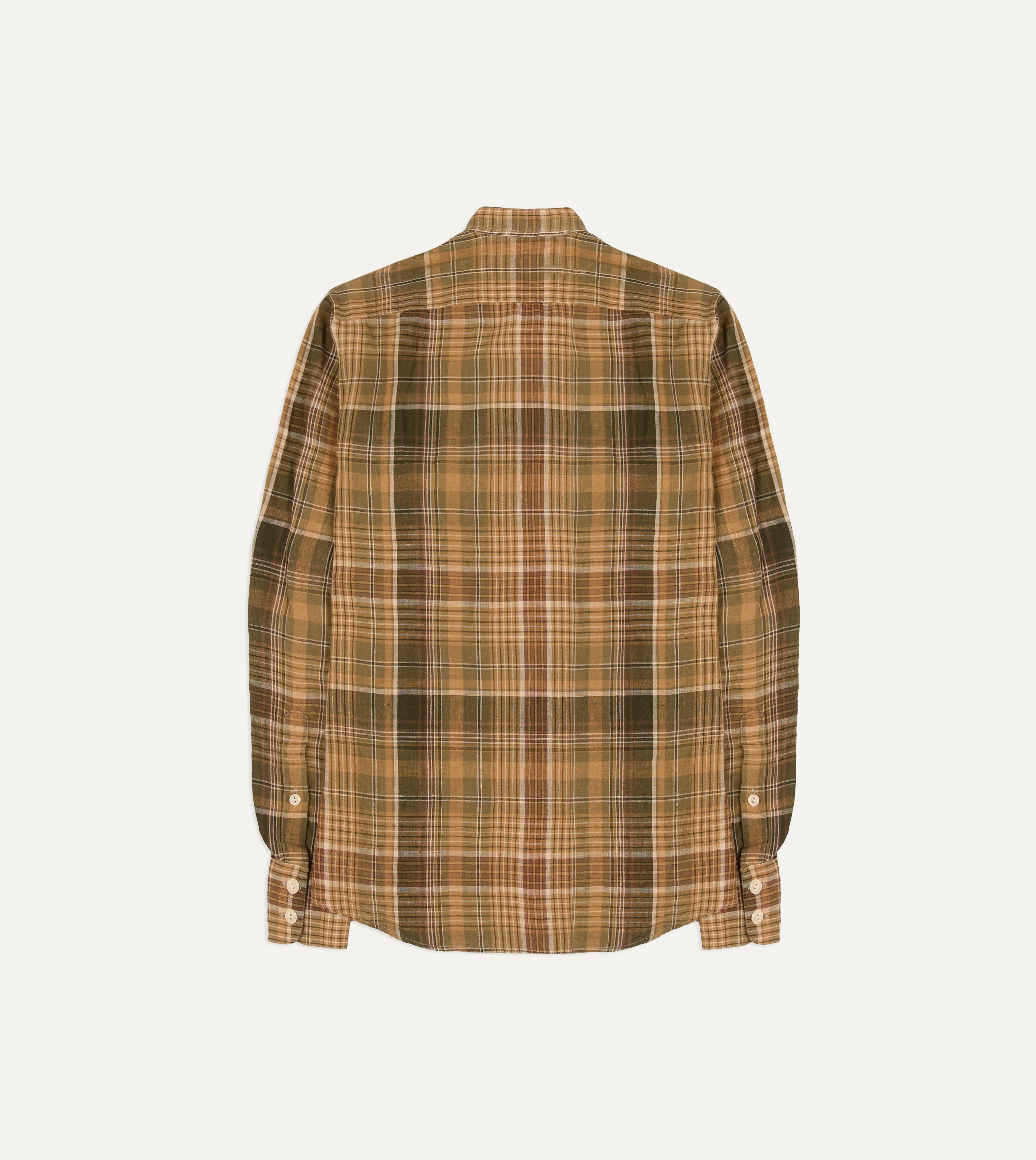 Brown Check Linen Mandarin Collar Popover Shirt - Image 6