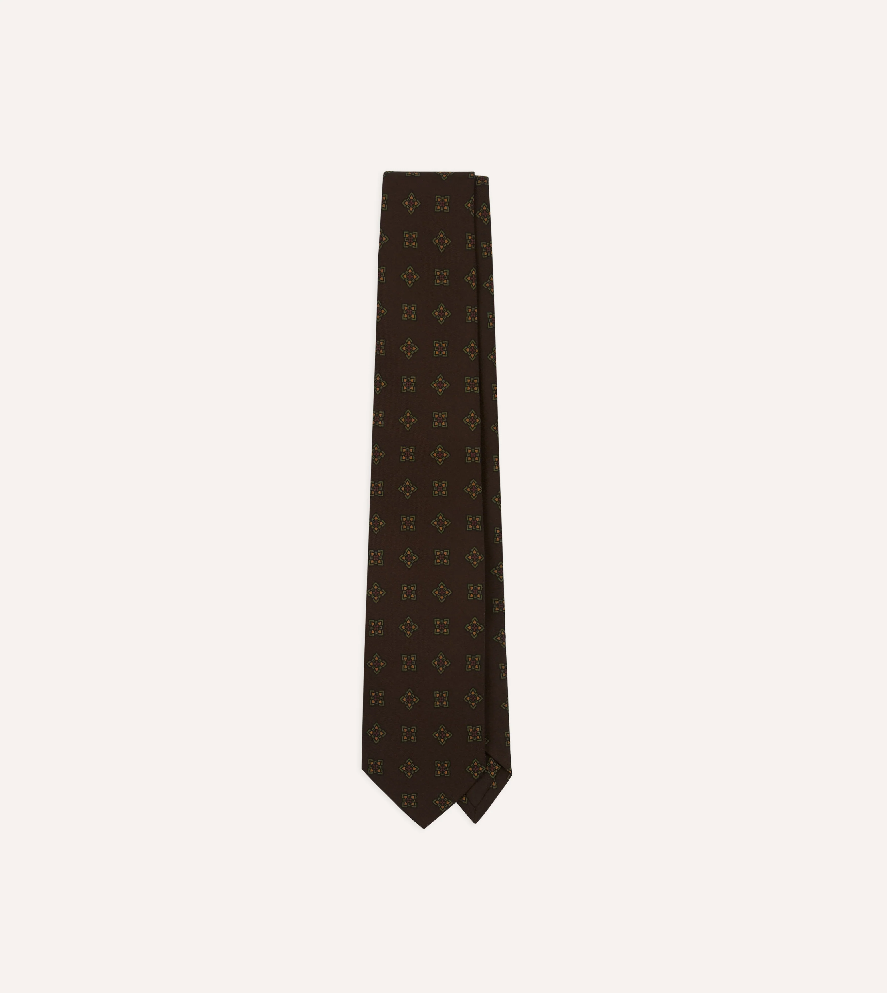 Brown Flower Medallion Print Wool-Silk Self Tipped Tie