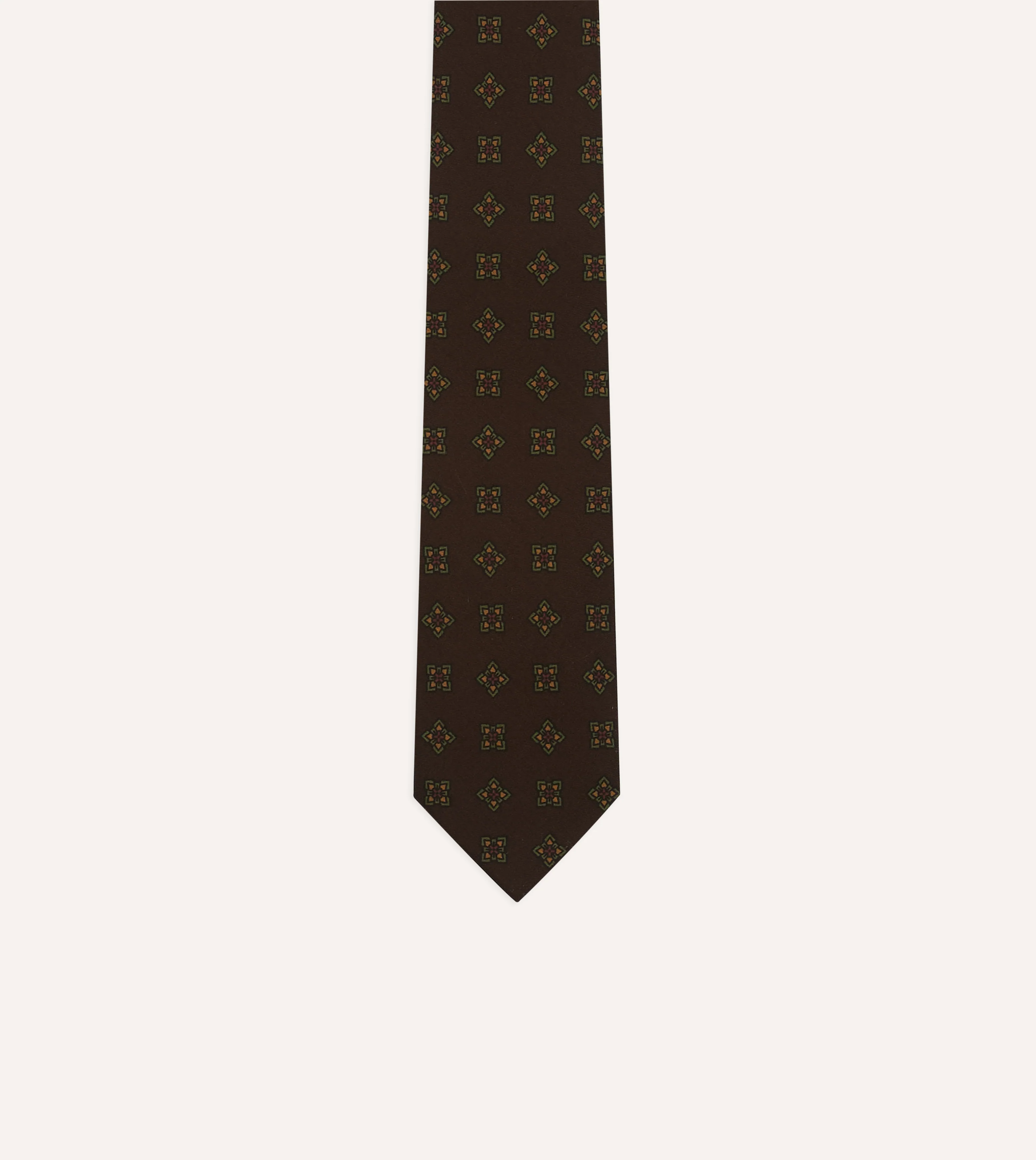 Brown Flower Medallion Print Wool-Silk Self Tipped Tie - Image 3