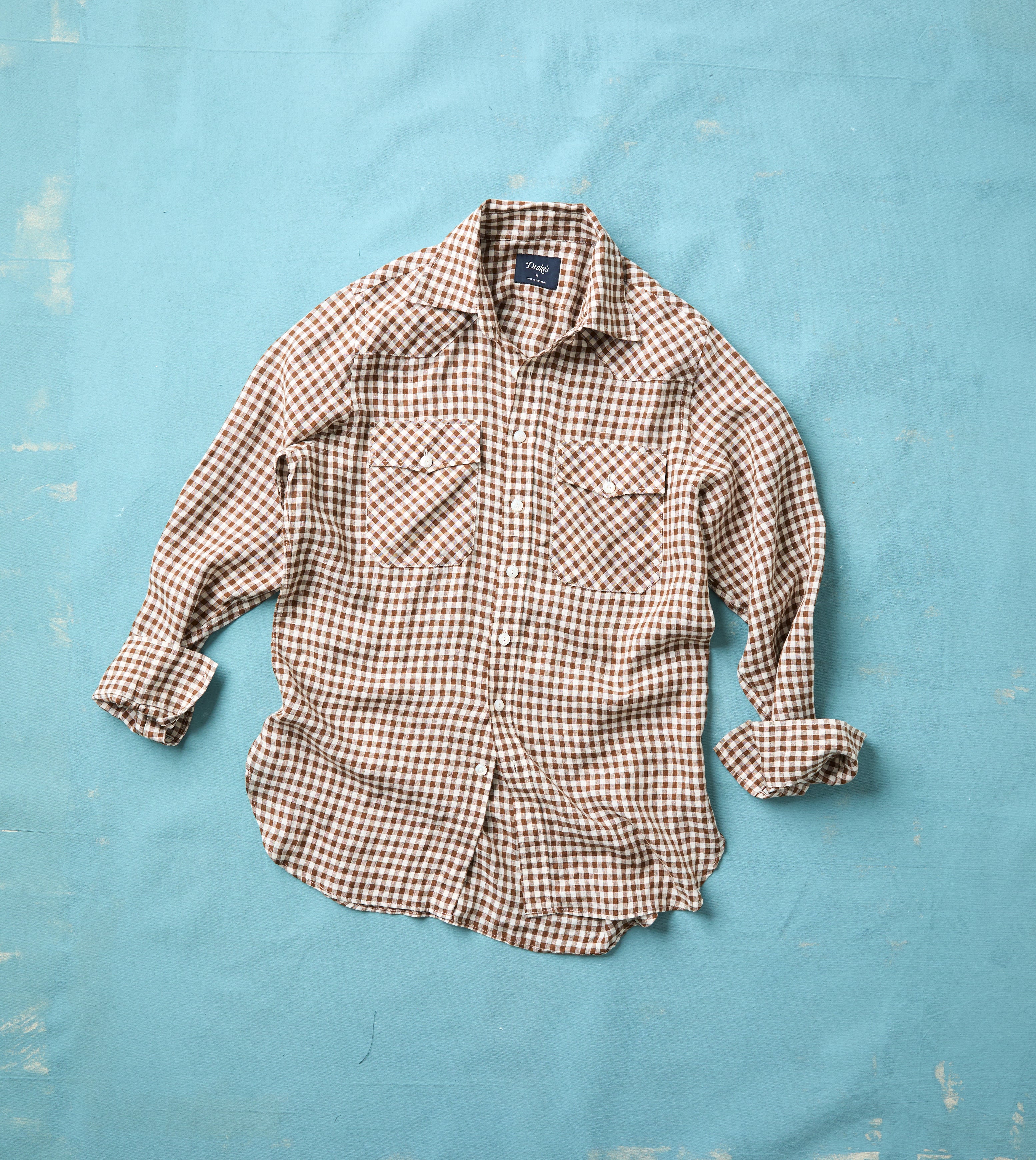 Brown Gingham Check Linen Two-Pocket Western Shirt - Image 2