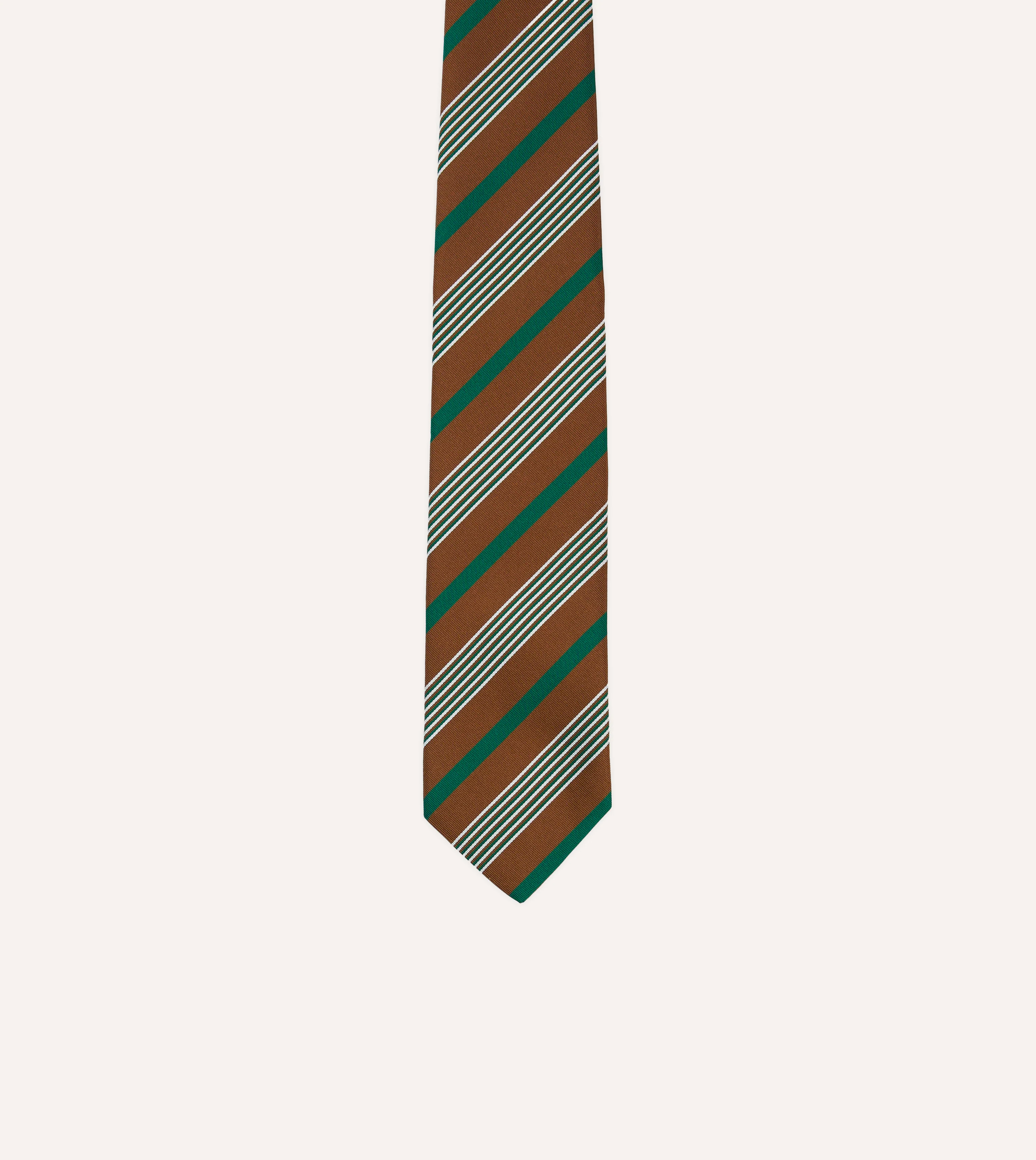 Brown, Green and White Multi Stripe Mogador Silk Tipped Tie - Image 3