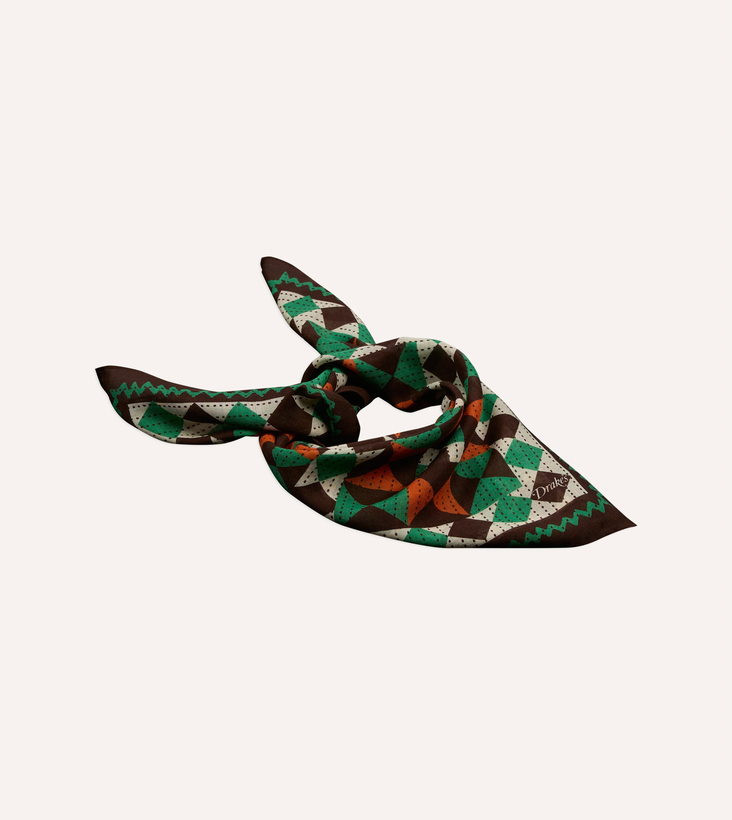 Brown Patchwork Print Wool-Silk Bandana - Image 4