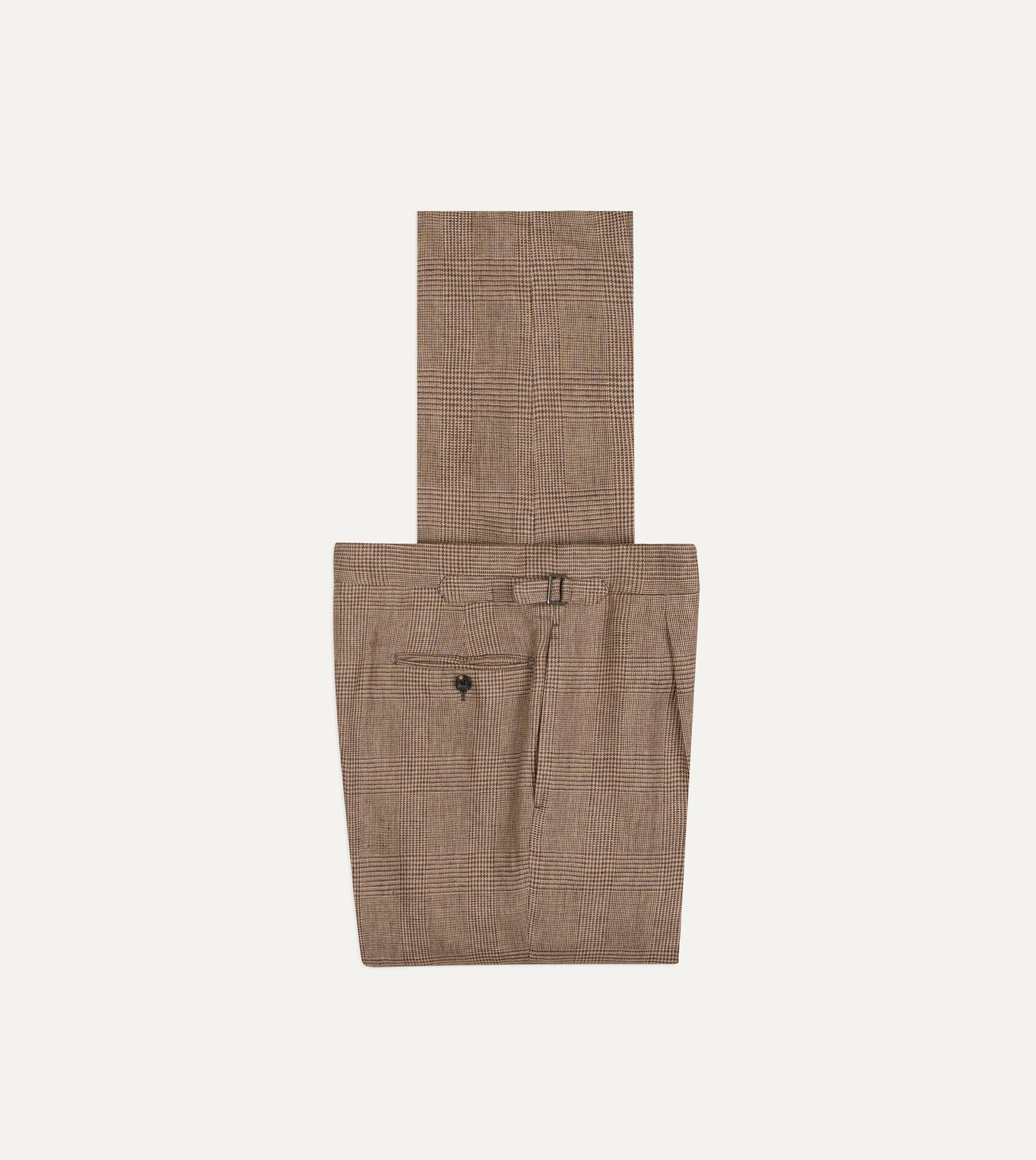 Brown Prince of Wales Check Linen Single Pleat Trouser