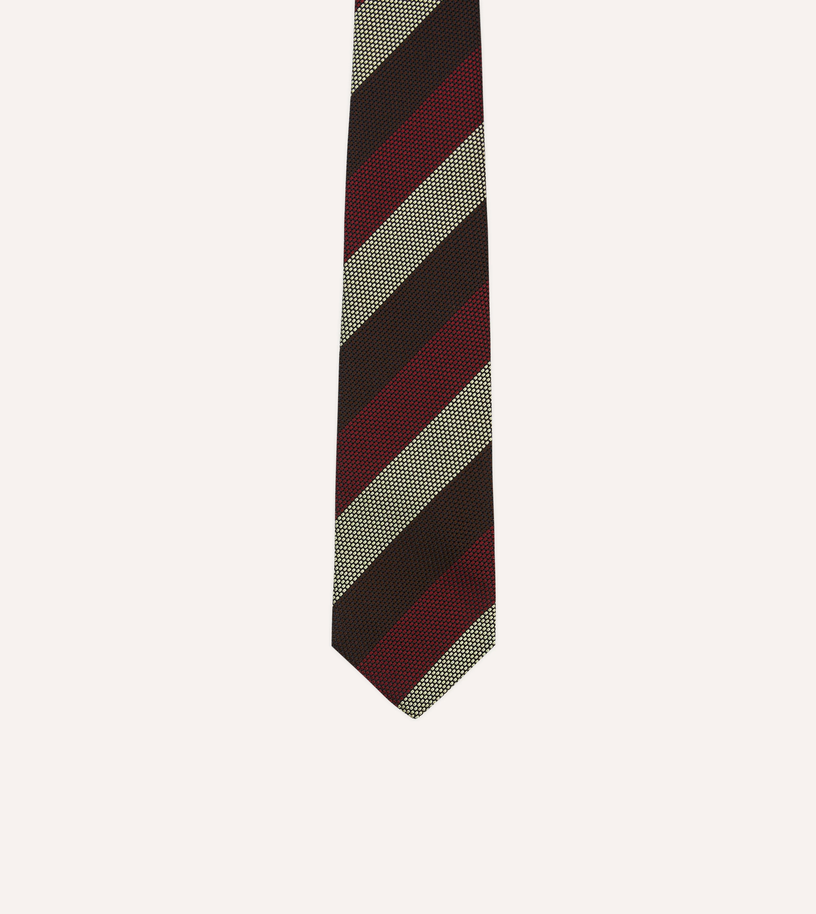 Brown, Red and Ecru Block Stripe Hand Rolled Silk Grenadine Tie - Image 3