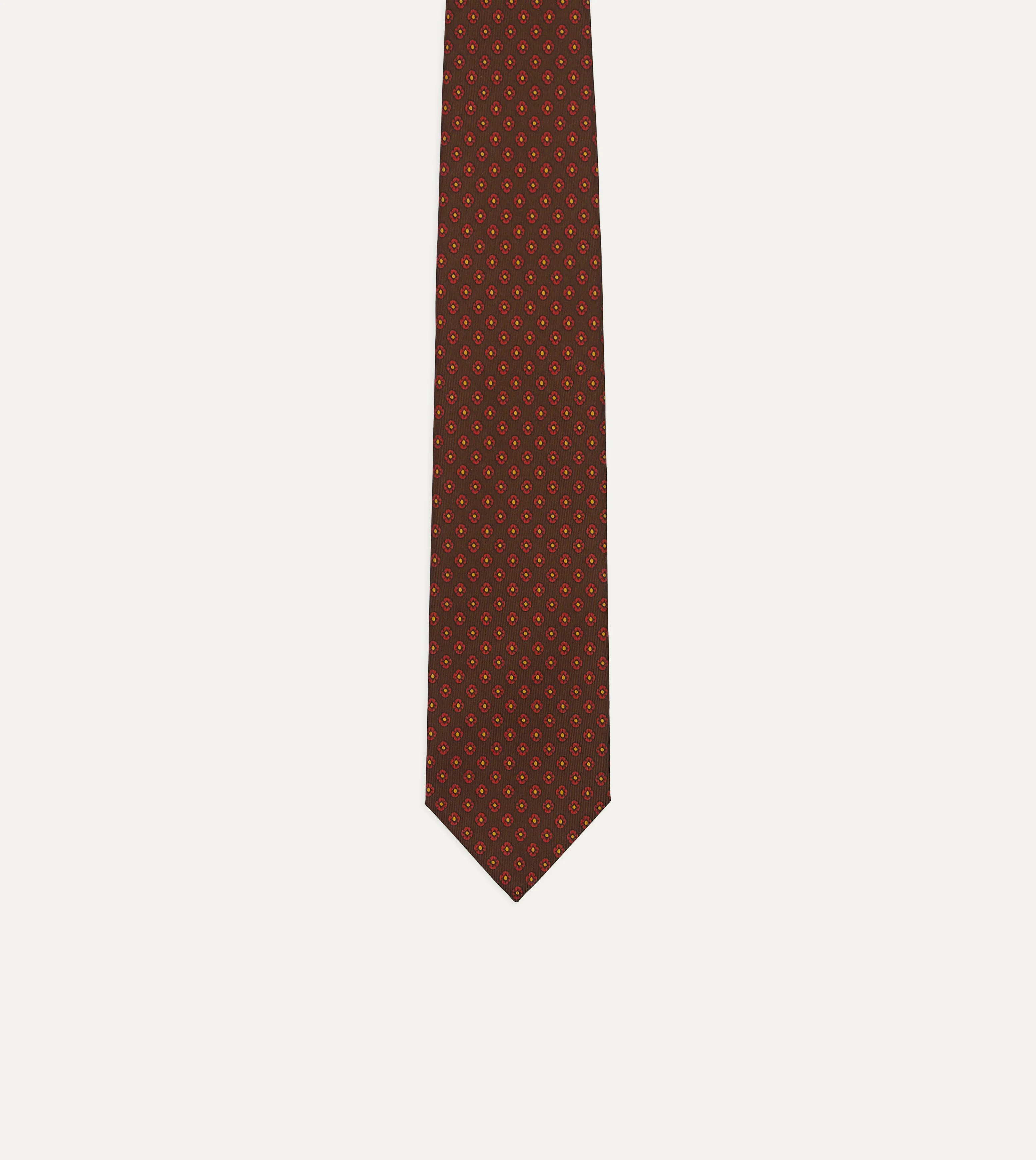 Brown Square Flower Print Silk Self-Tipped Tie - Image 3