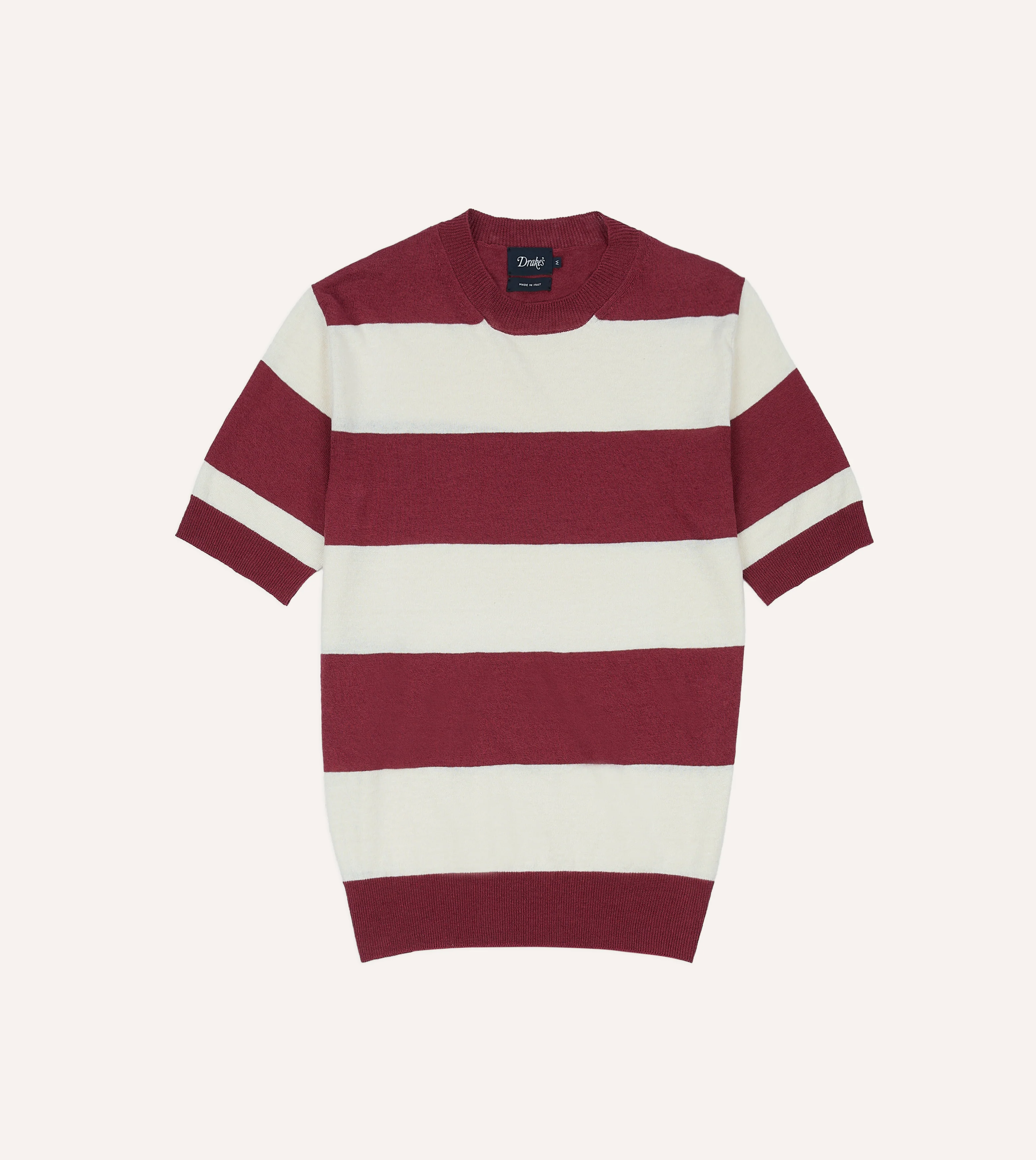 Ecru and Burgundy Stripe Crew Neck Knitted T-Shirt - Image 2