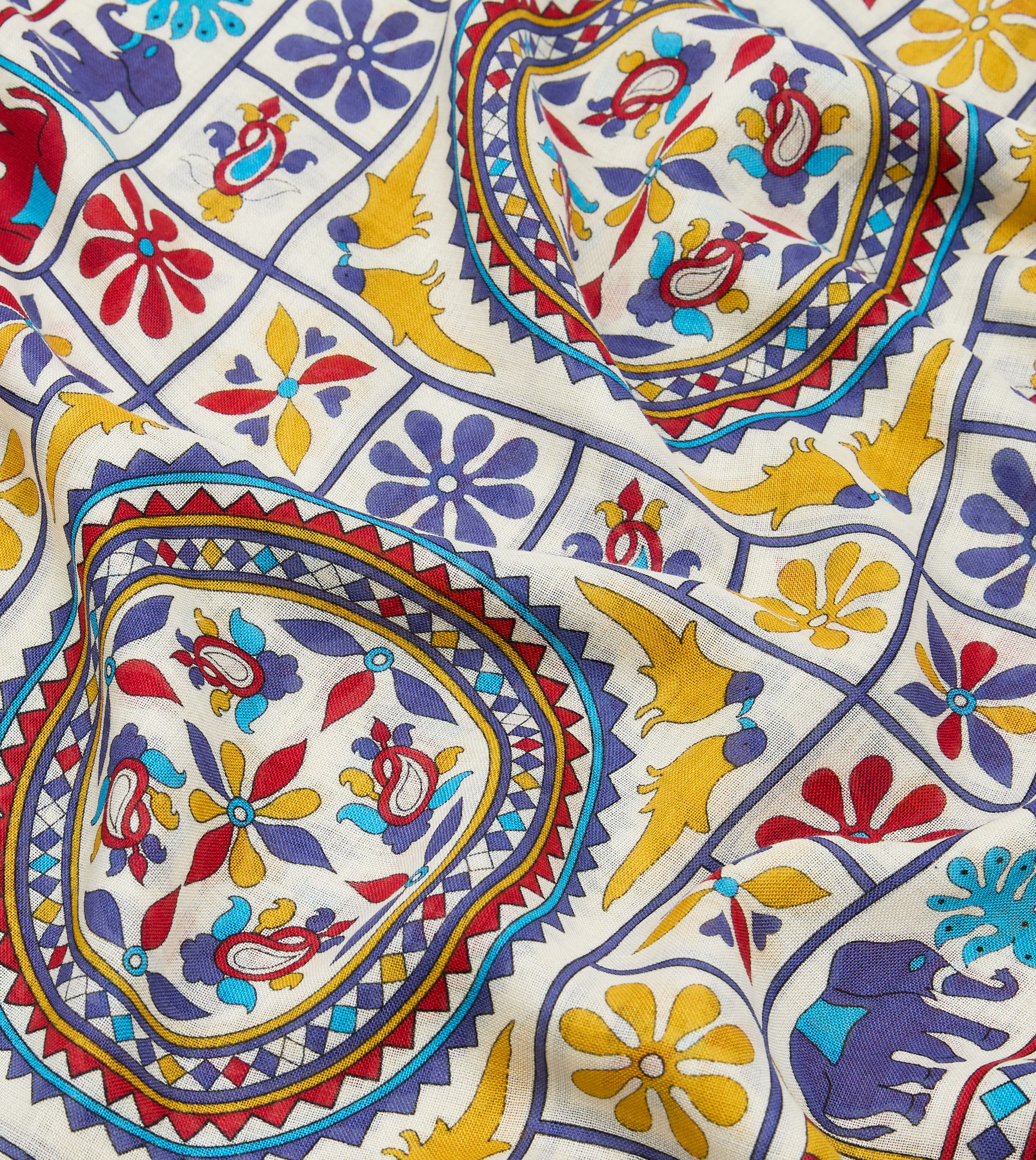 Ecru Elephants and Flowers Print Wool-Silk Scarf - Image 2