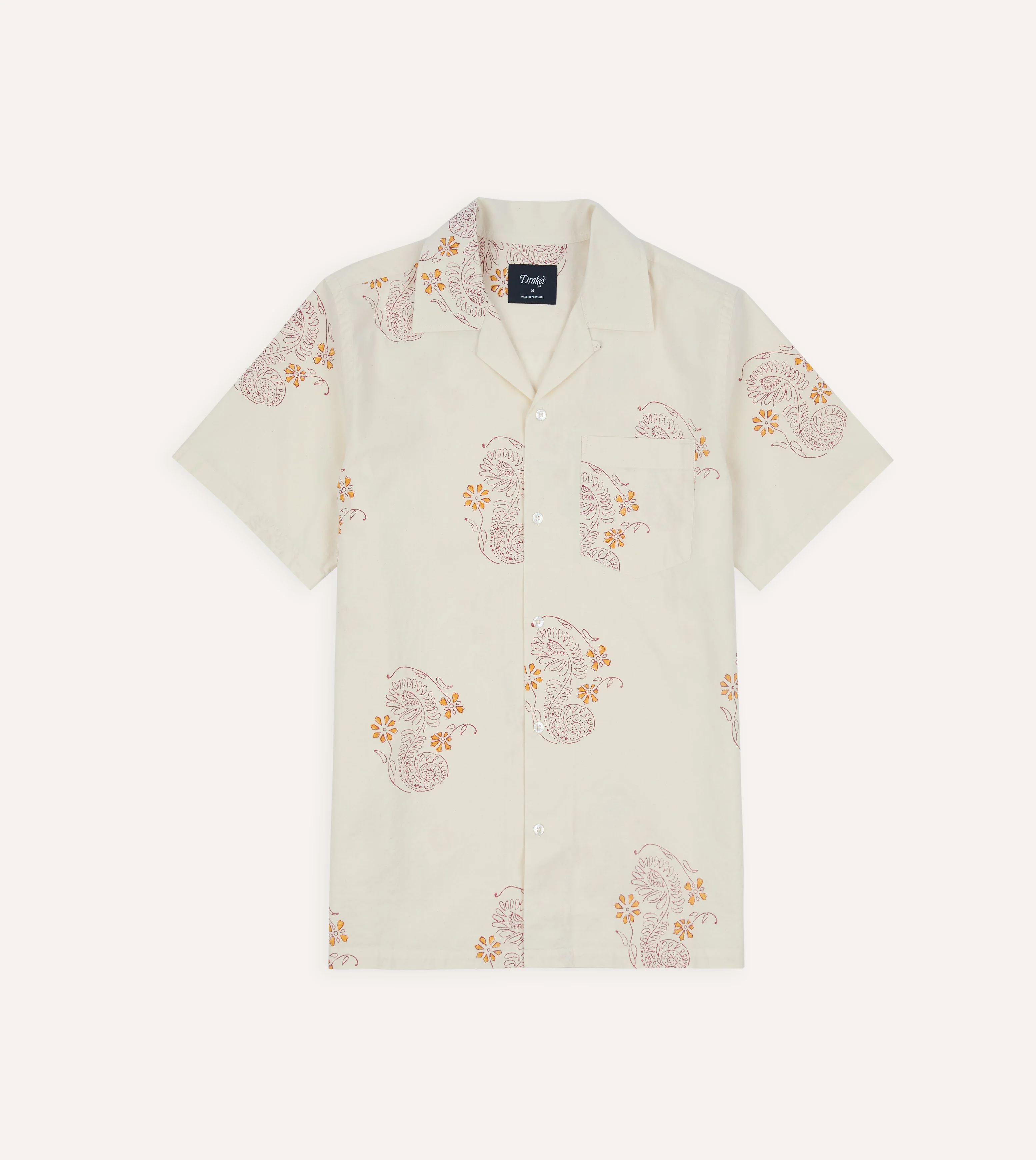 Ecru Floral Block Print Cotton Camp Collar Short Sleeve Shirt - Image 2