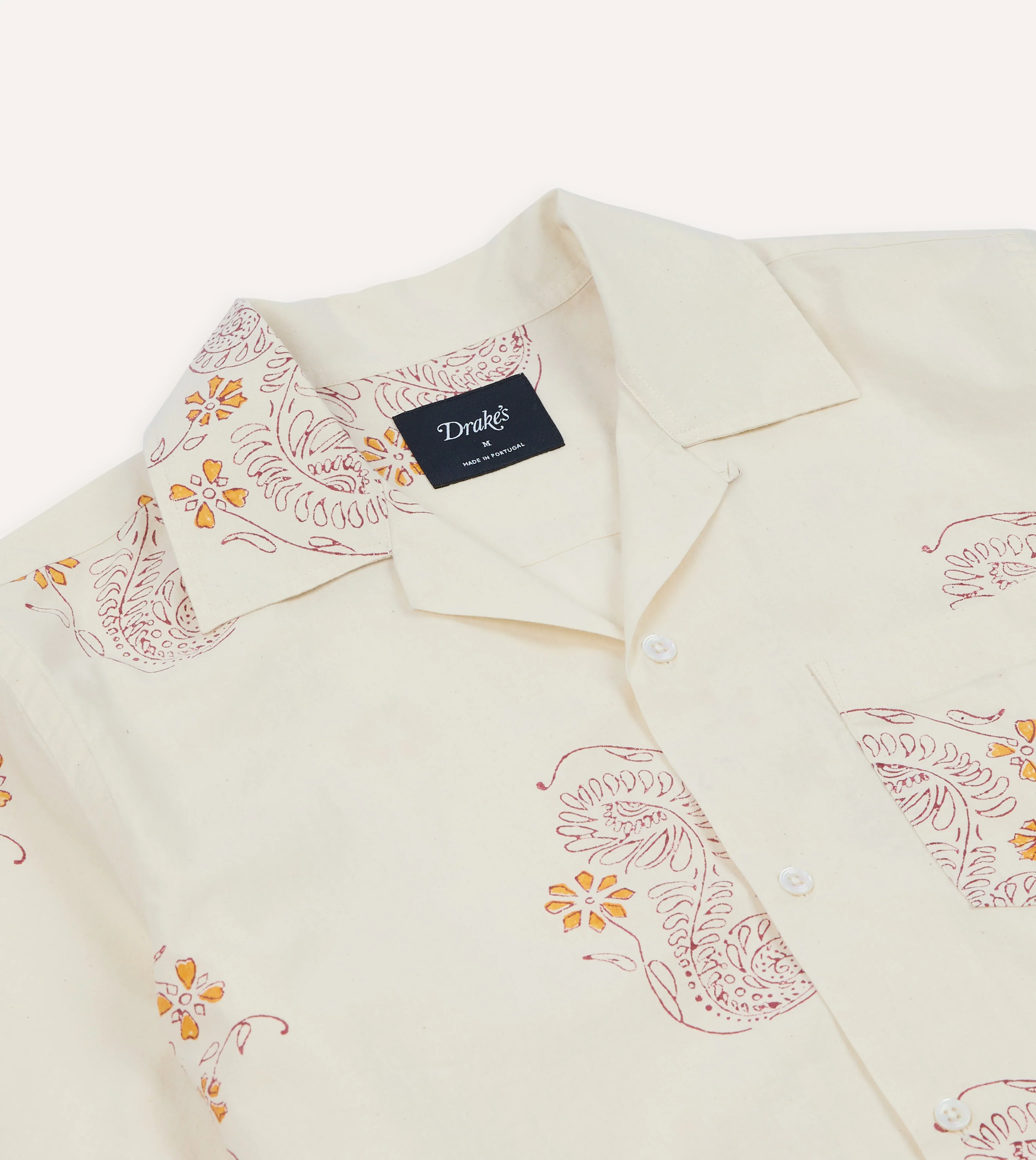 Ecru Floral Block Print Cotton Camp Collar Short Sleeve Shirt - Image 4