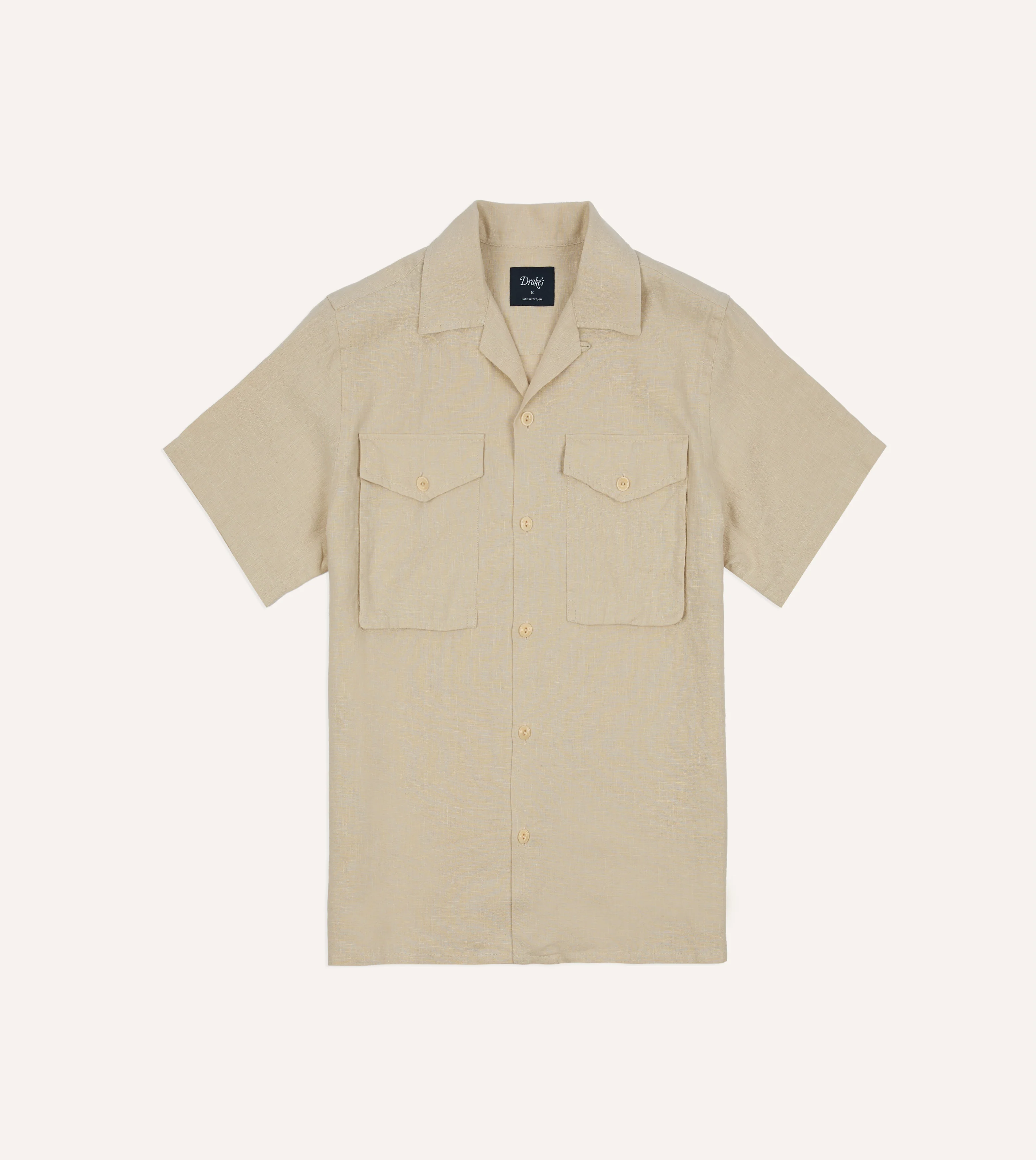 Ecru Linen Short Sleeve Camp Collar Military Shirt - Image 3