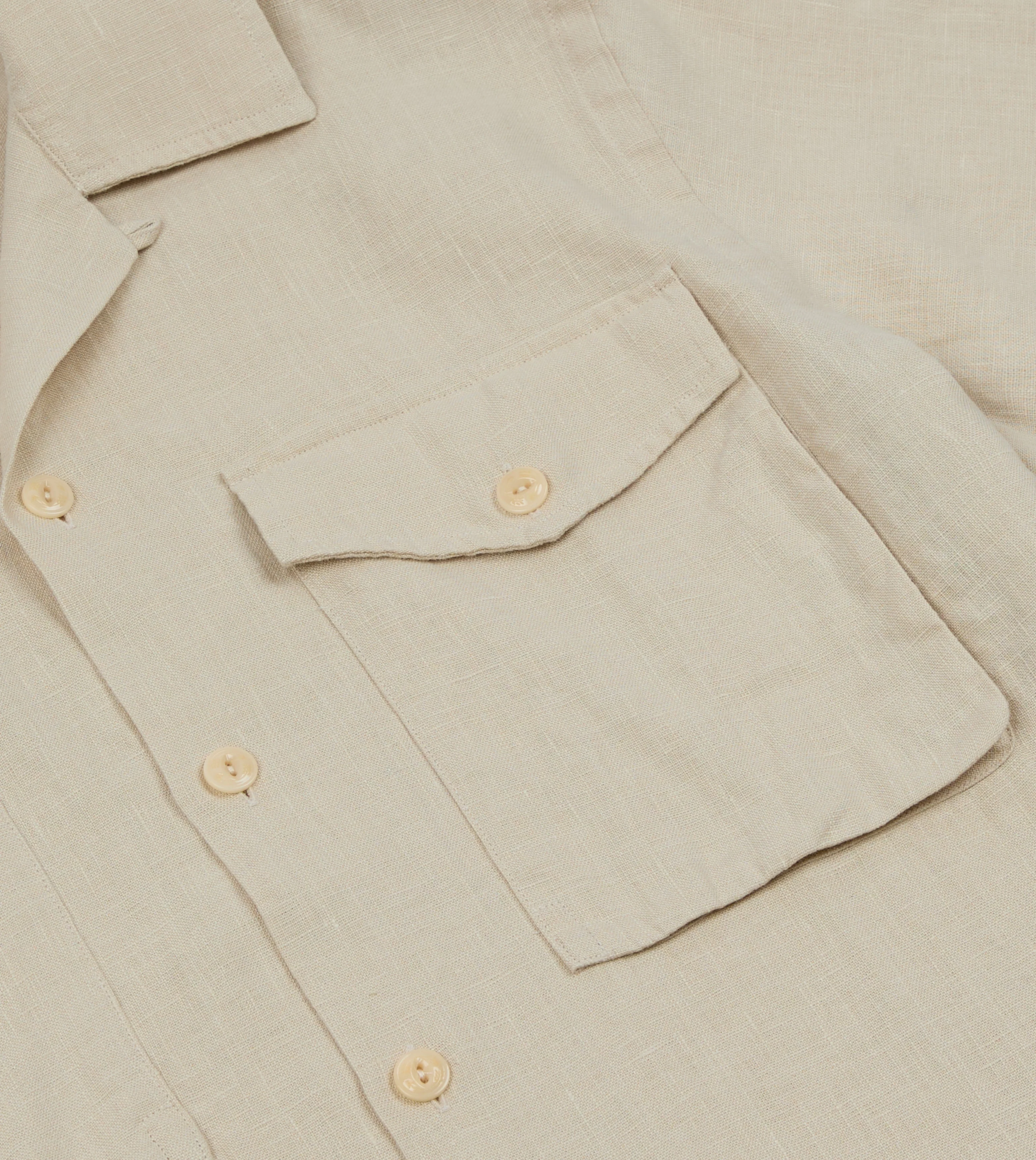 Ecru Linen Short Sleeve Camp Collar Military Shirt - Image 6