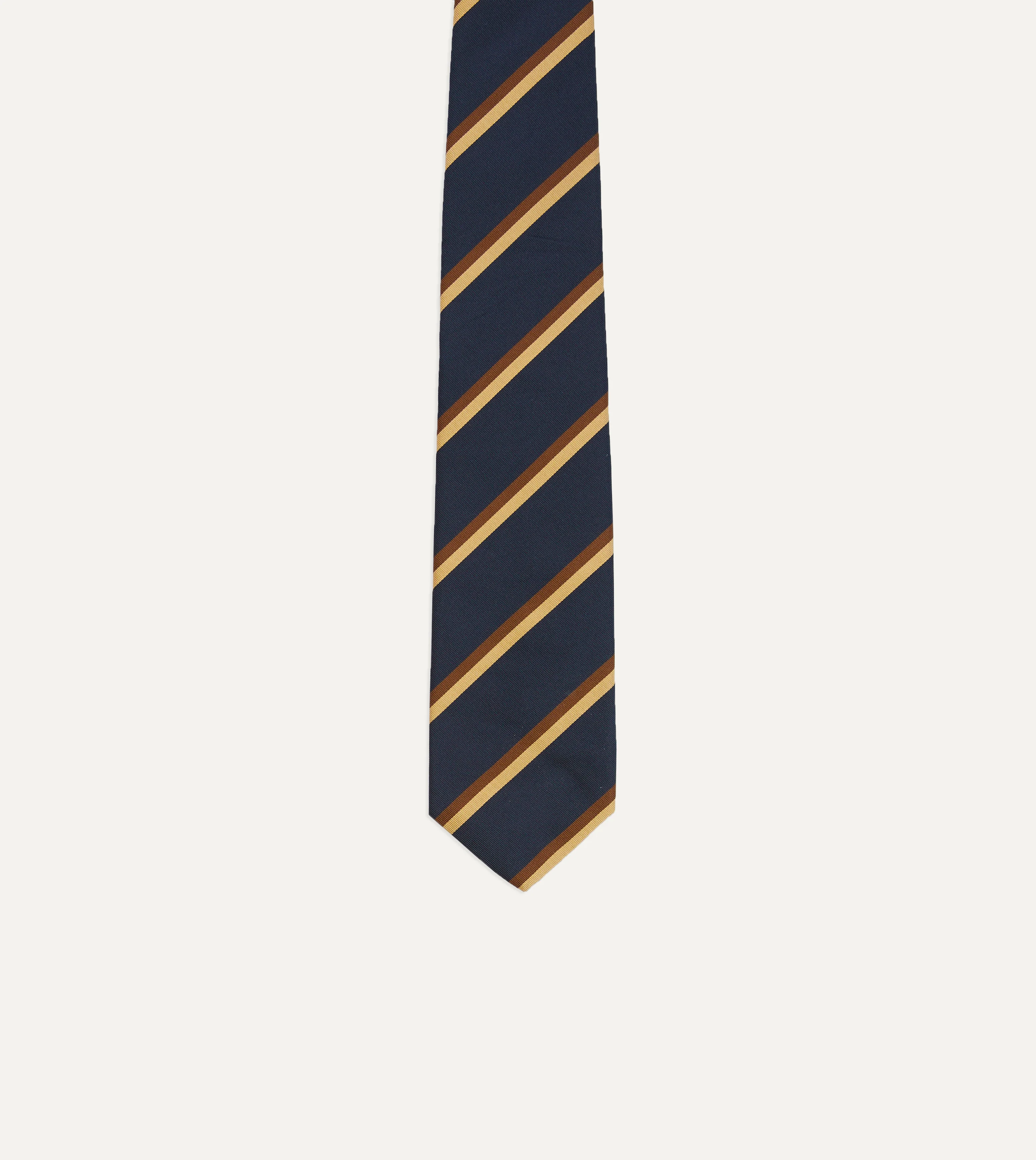Gold, Navy and Brown Double Stripe Mogador Silk Tipped Tie - Image 3