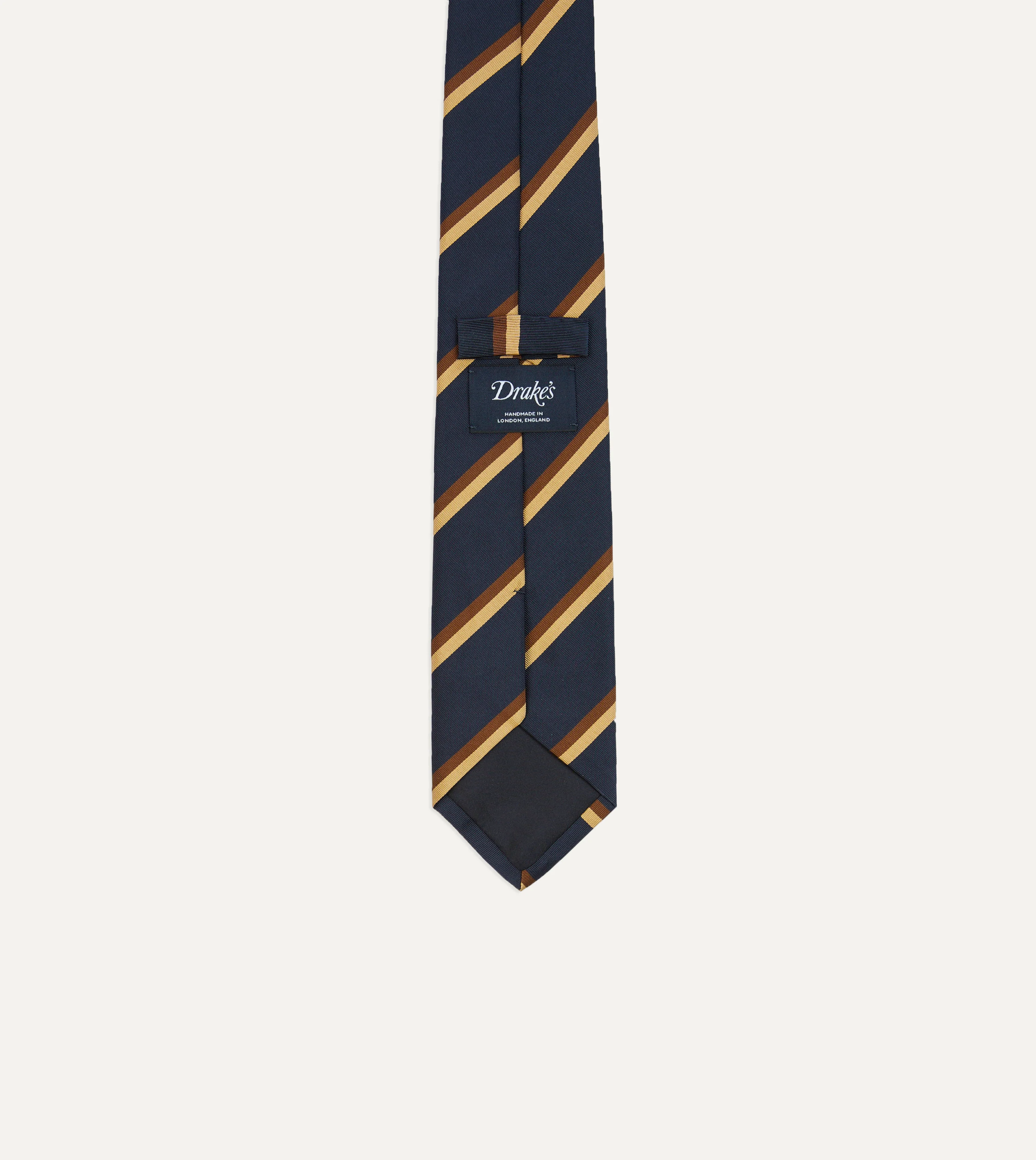 Gold, Navy and Brown Double Stripe Mogador Silk Tipped Tie - Image 4