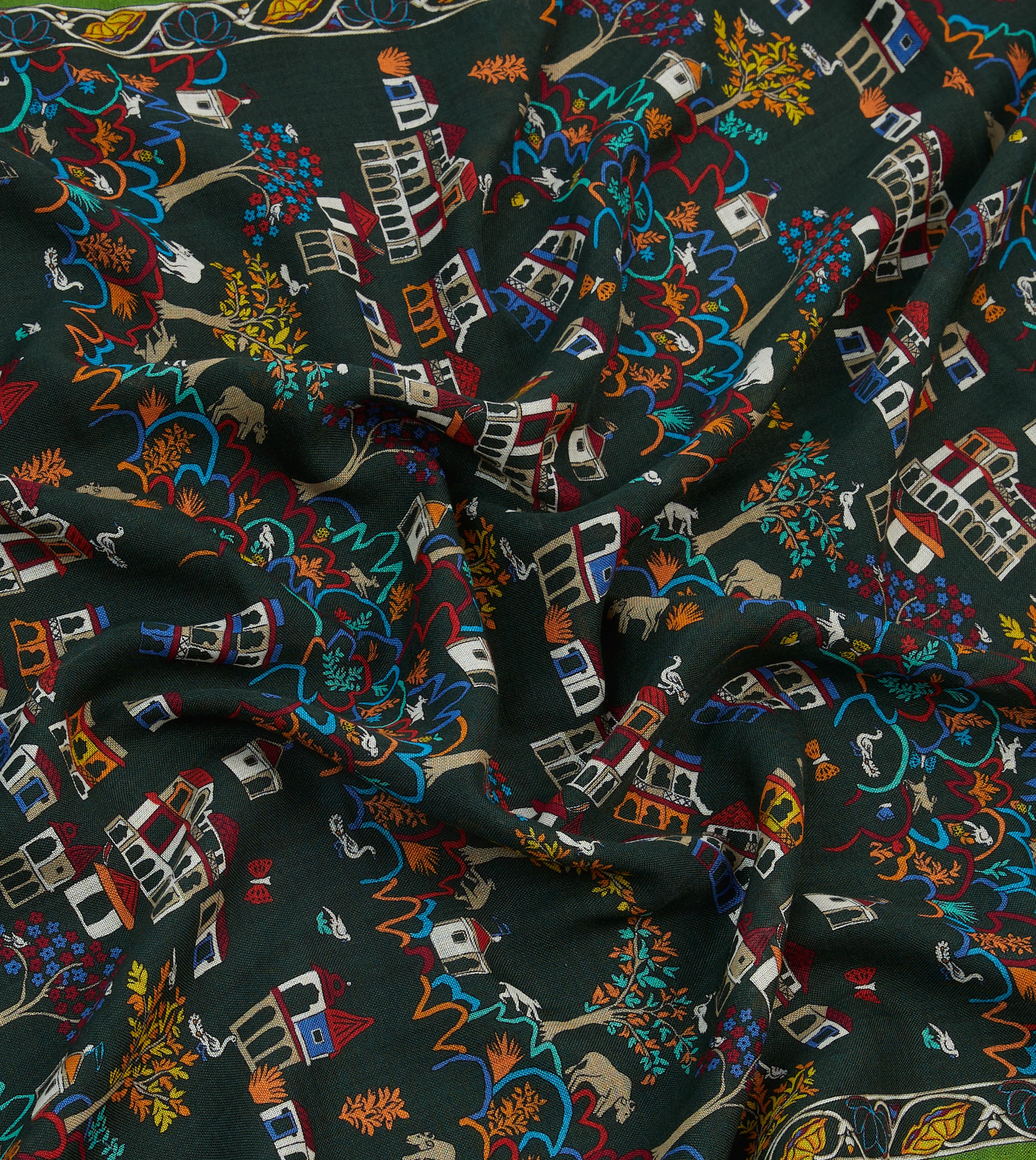 Green Antique Village Print Wool Silk Scarf - Image 2
