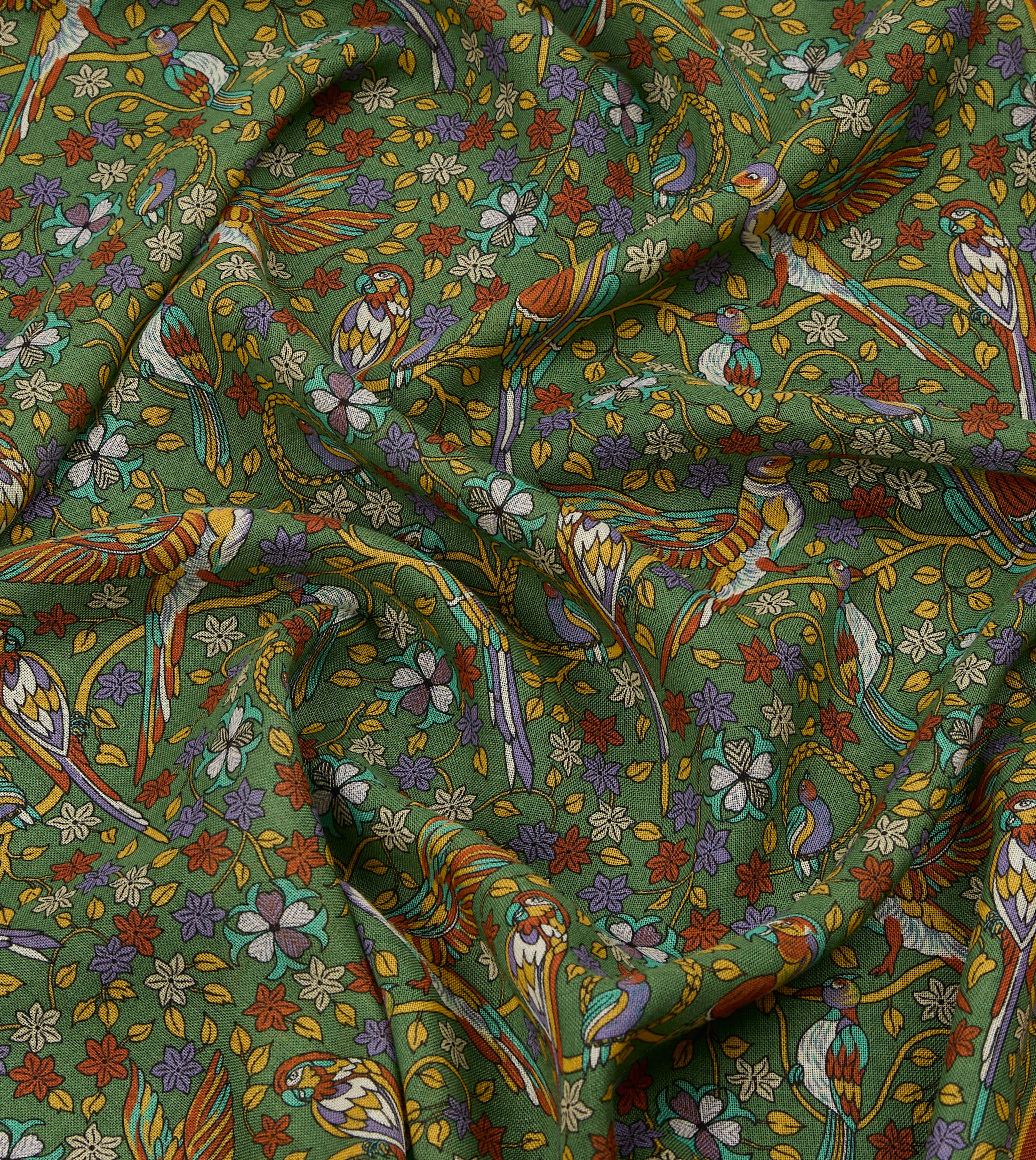 Green Birds and Flowers Print Wool-Silk Scarf - Image 2