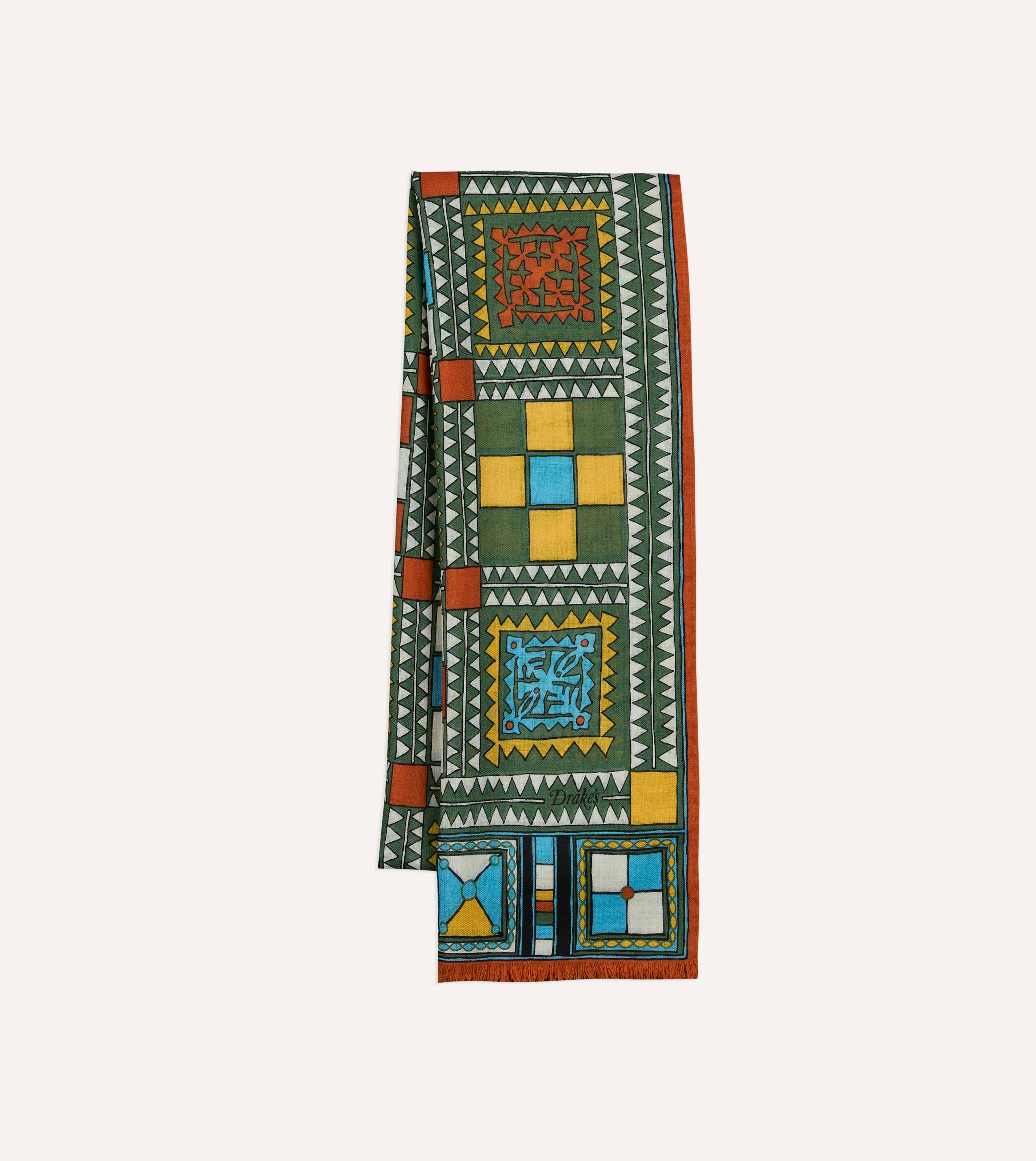 Green Geometric Print Wool Silk Scarf