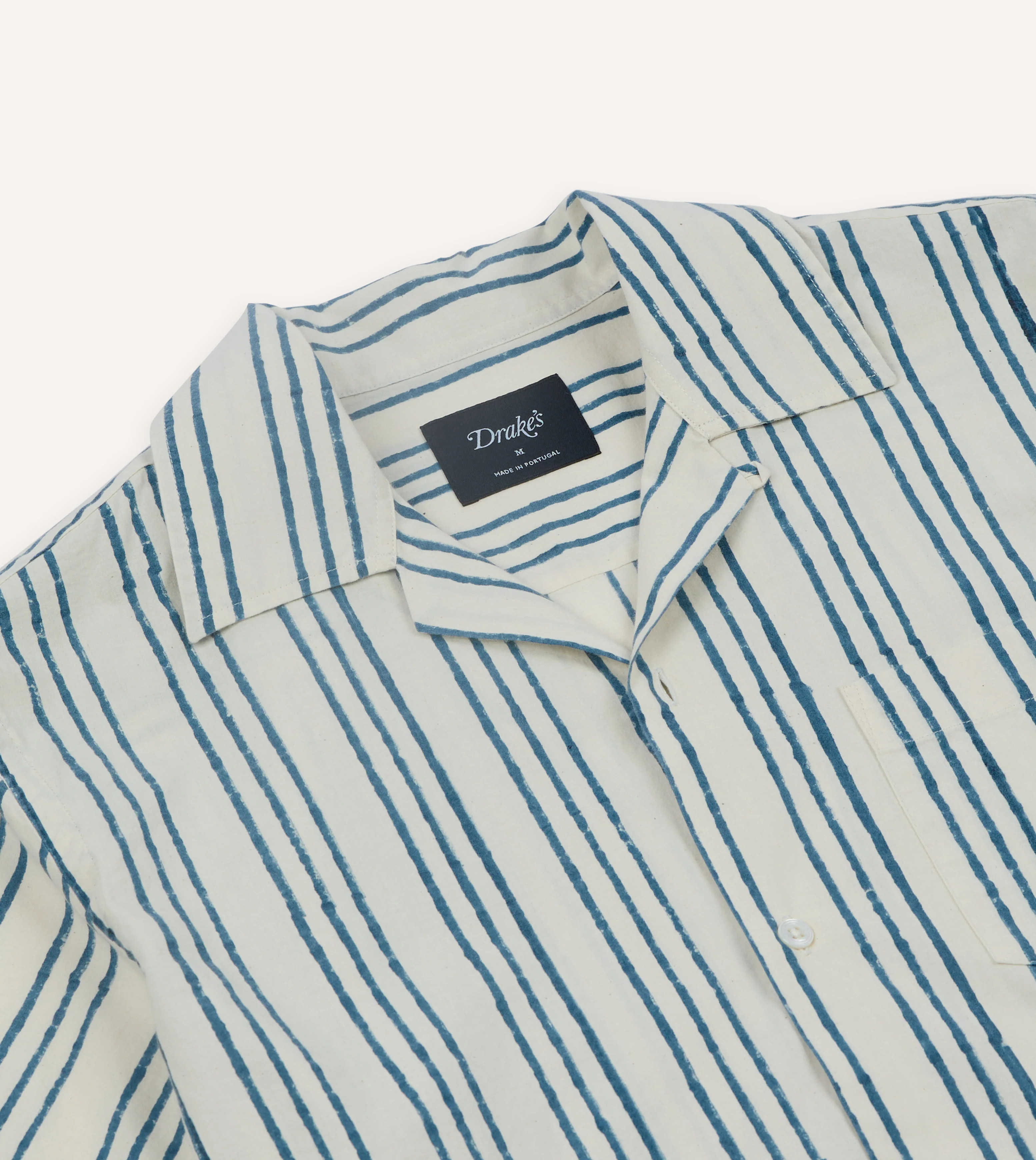 Indigo Triple Stripe Block Print Cotton Camp Collar Short Sleeve Shirt - Image 5