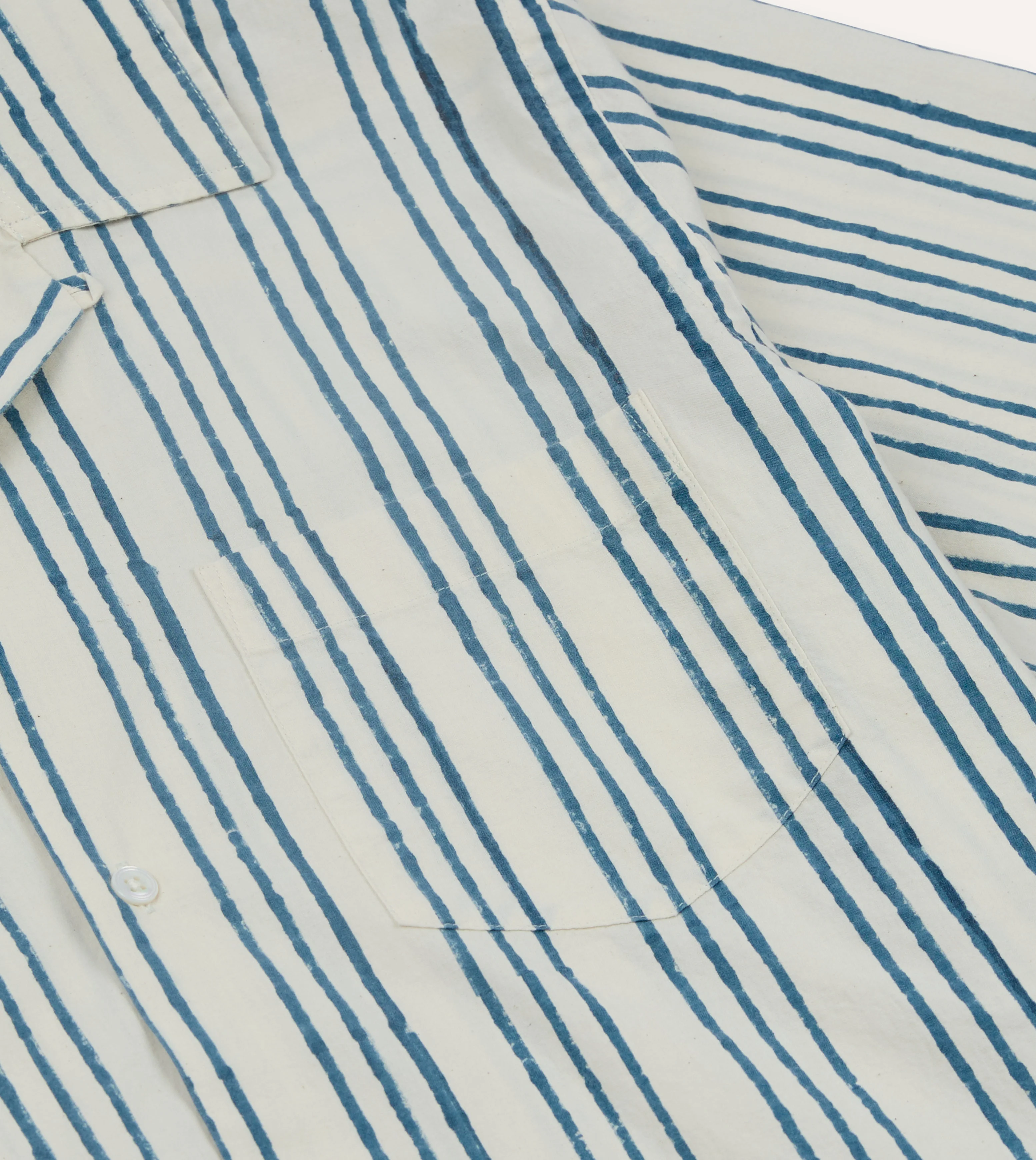 Indigo Triple Stripe Block Print Cotton Camp Collar Short Sleeve Shirt - Image 6