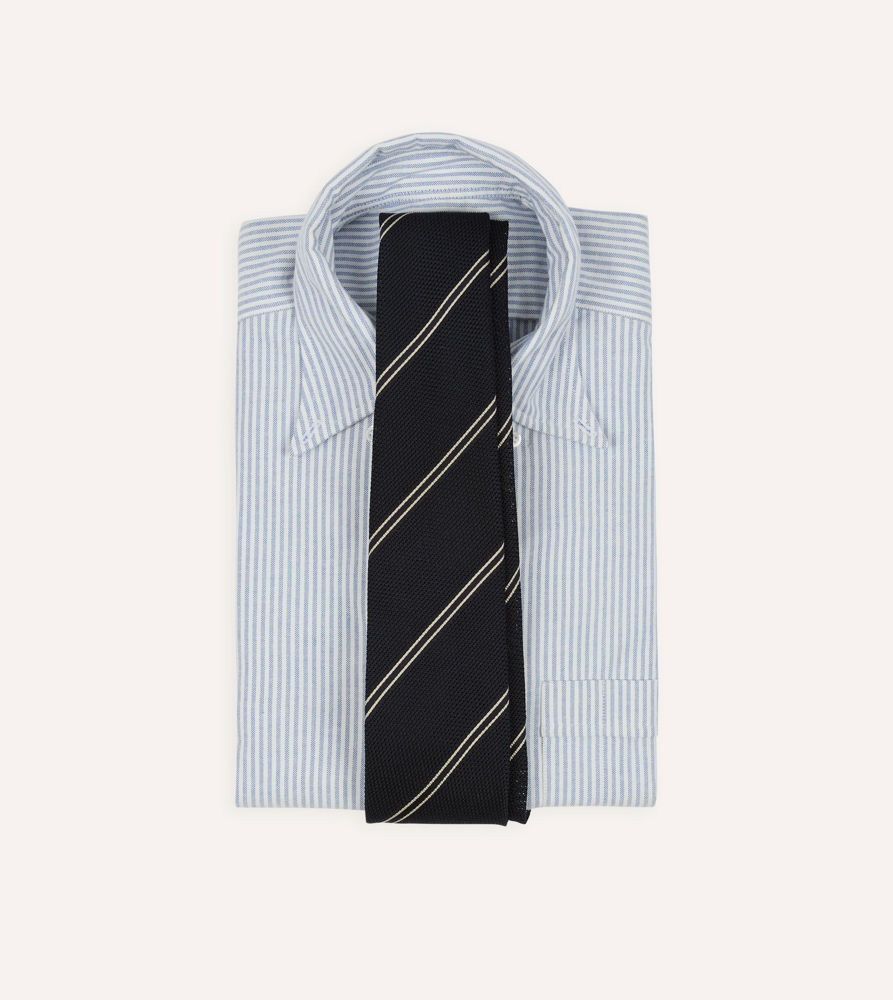 Navy and Ecru Bar Stripe Hand Rolled Silk Grenadine Tie - Image 2