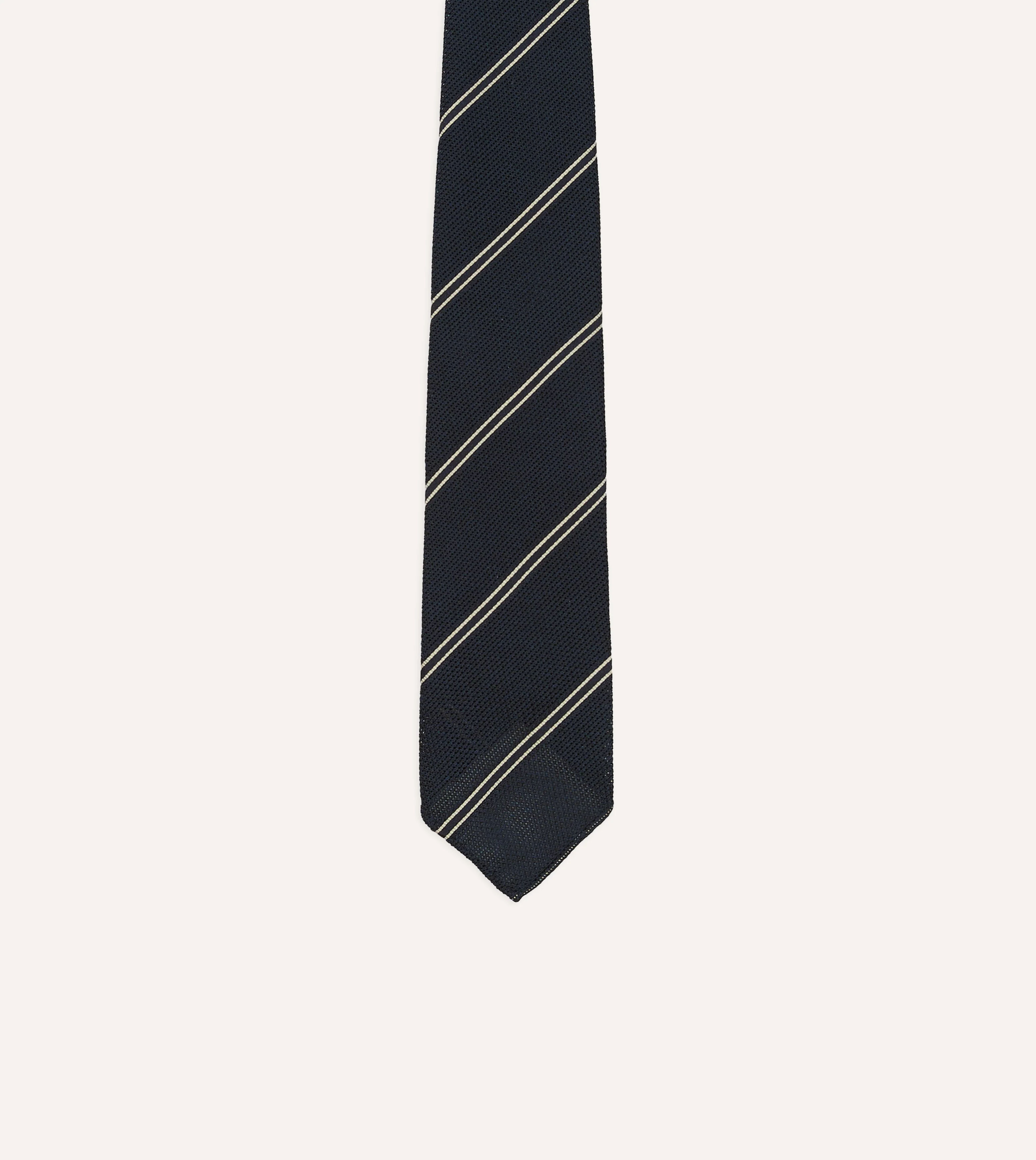 Navy and Ecru Bar Stripe Hand Rolled Silk Grenadine Tie - Image 3