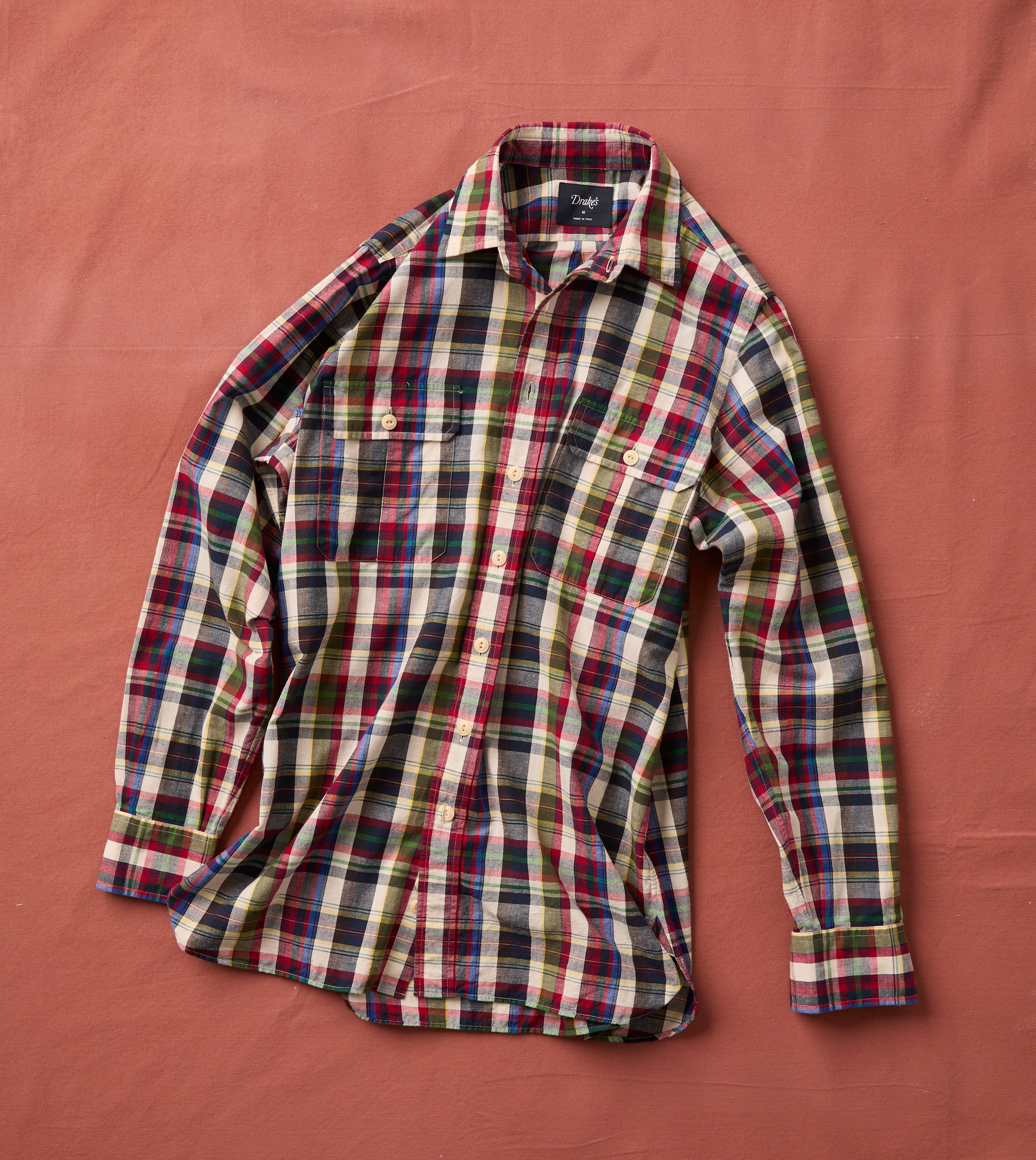 Navy and Red Check Cotton-Linen Two-Pocket Work Shirt - Image 2