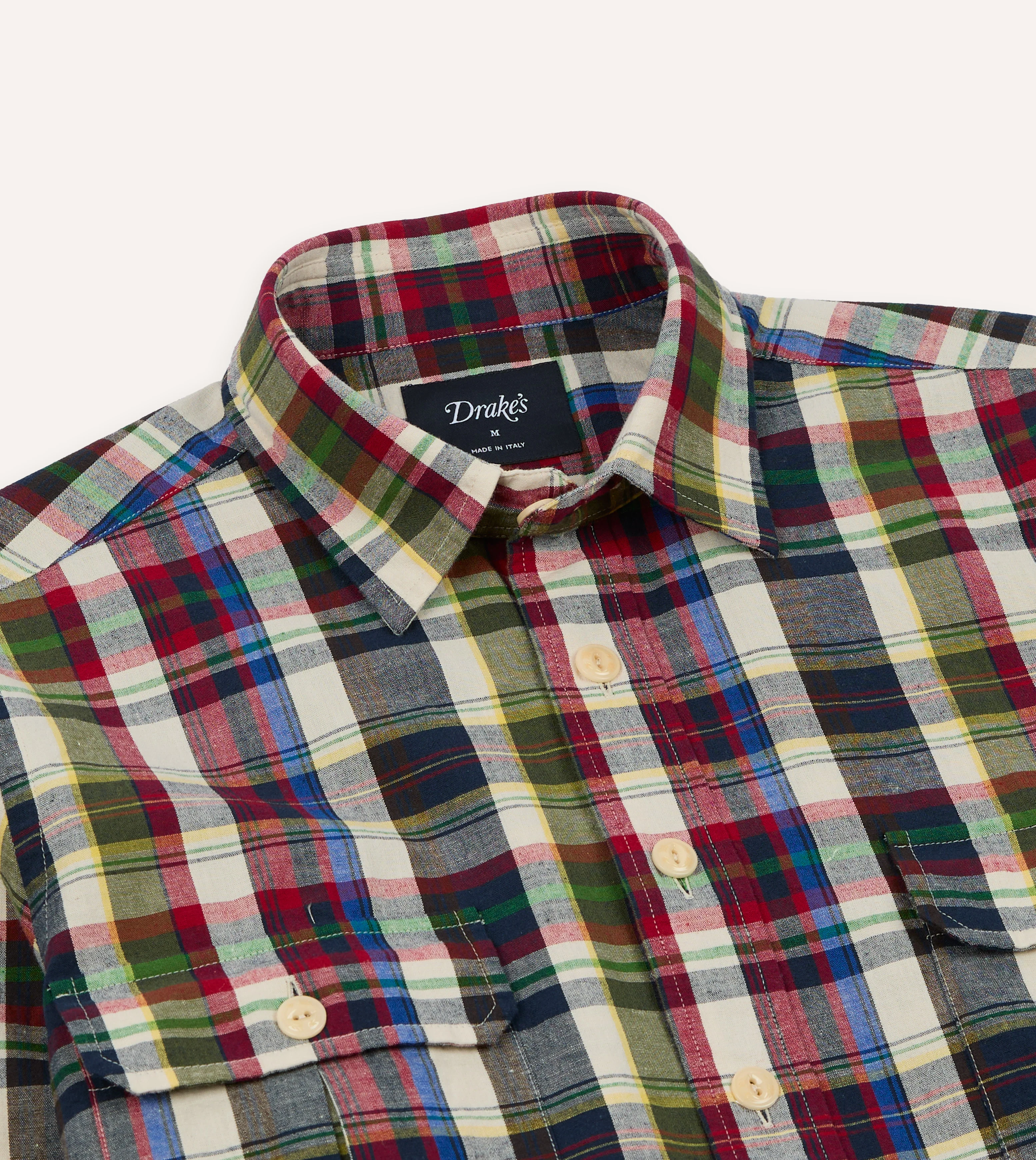 Navy and Red Check Cotton-Linen Two-Pocket Work Shirt - Image 5
