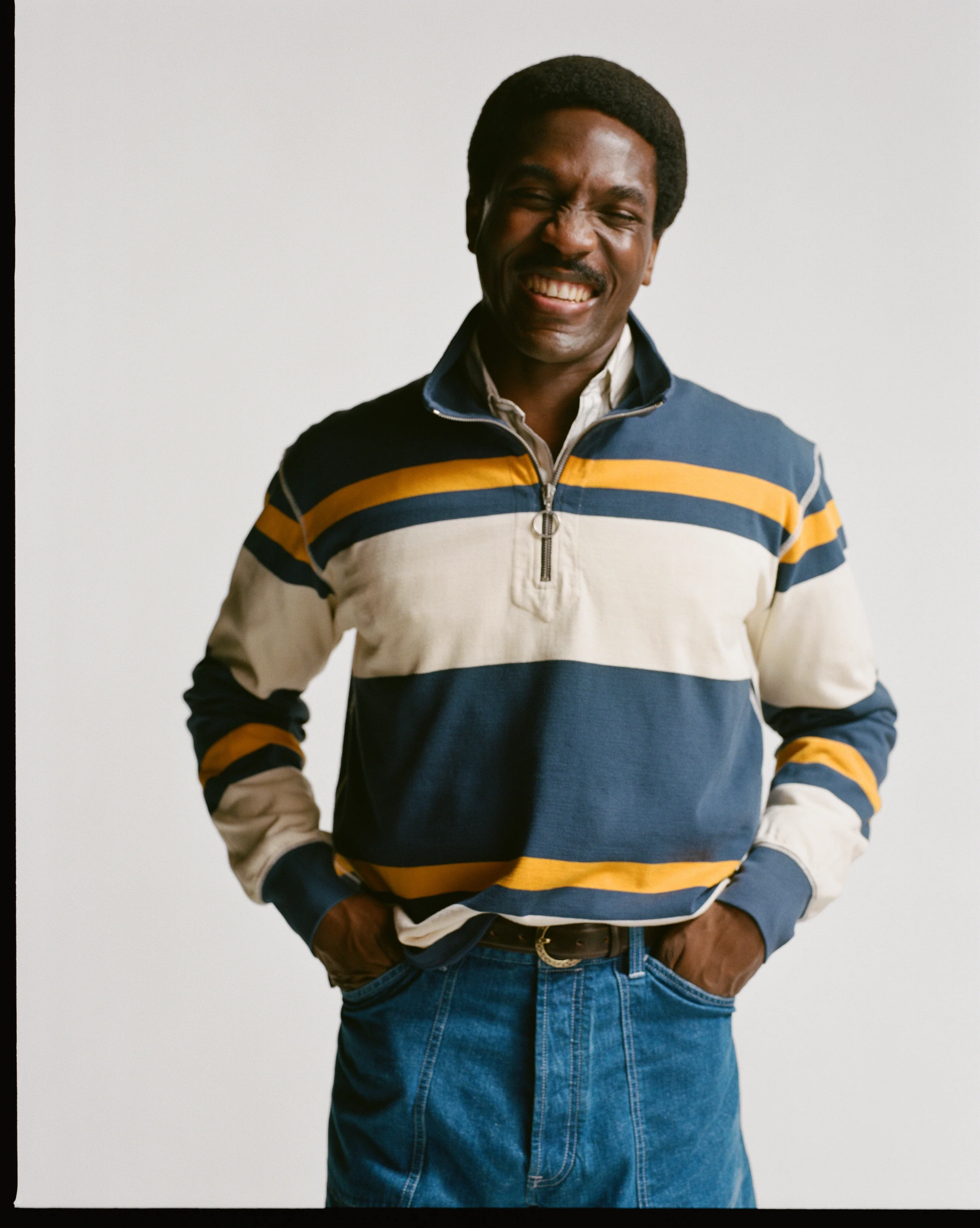 Navy and Yellow Stripe Cotton Quarter Zip Rugby Shirt