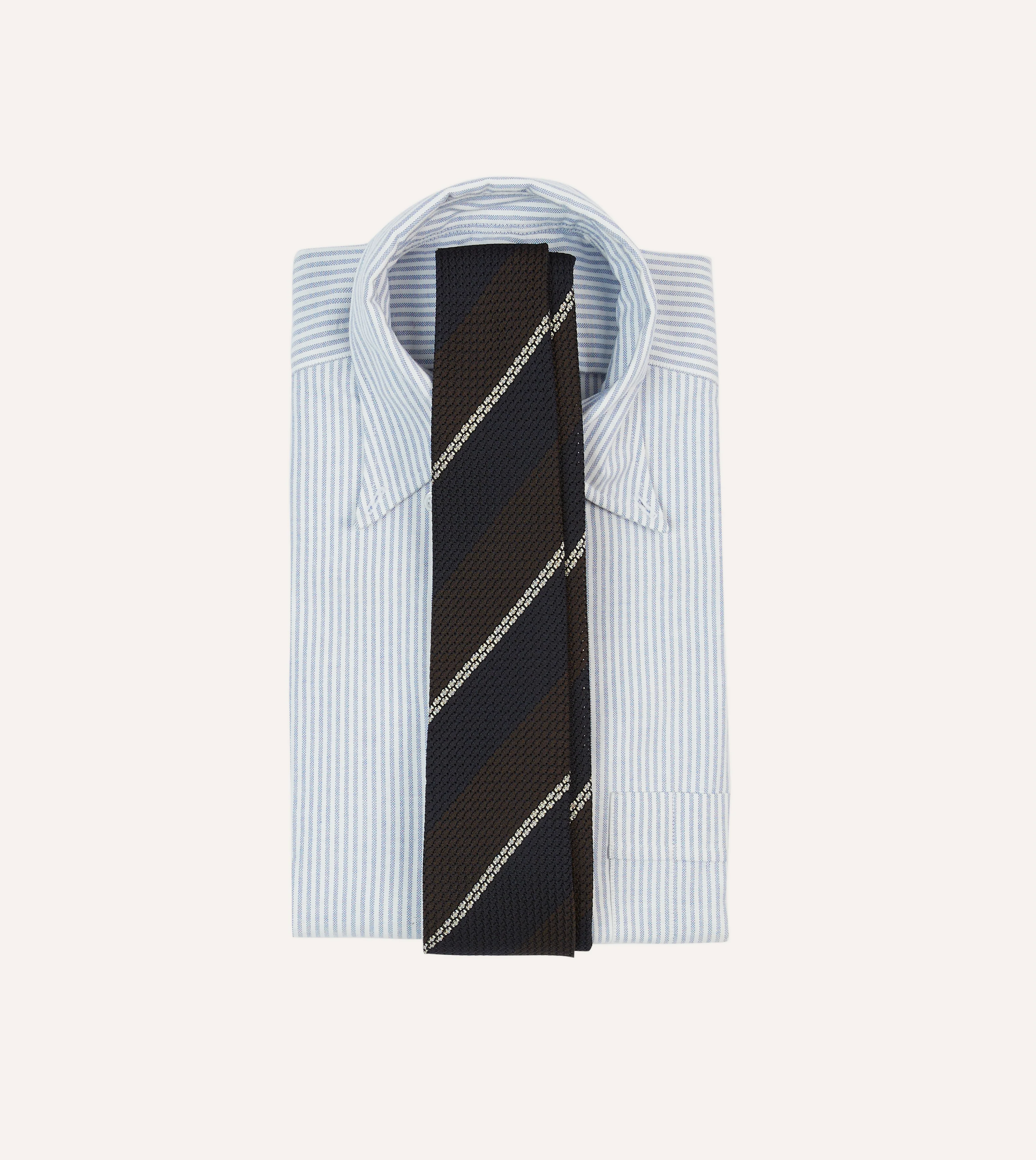 Navy, Brown and White Multi Stripe Hand Rolled Silk Grenadine Tie - Image 2