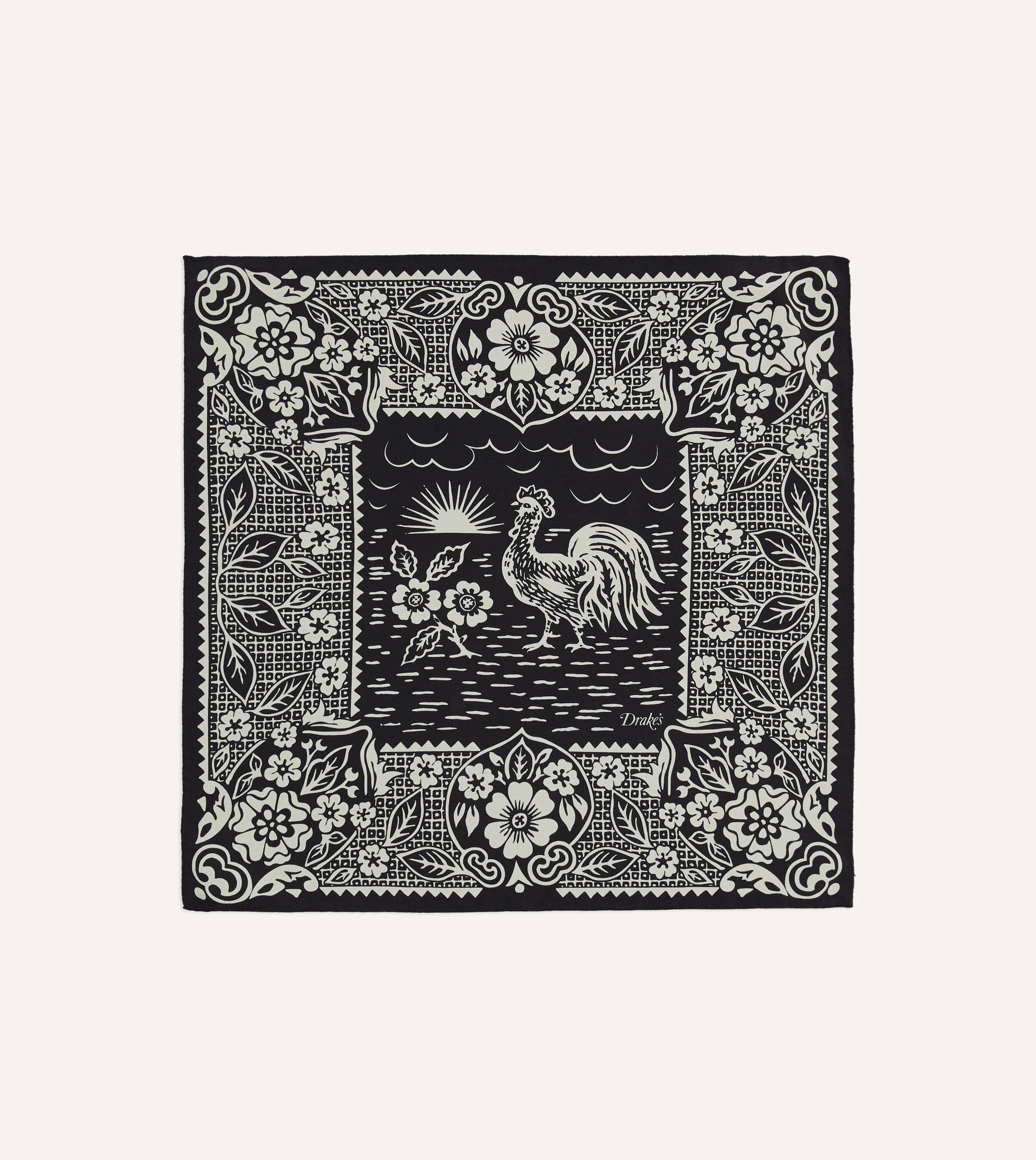 Navy Cockerel Print Silk Pocket Square