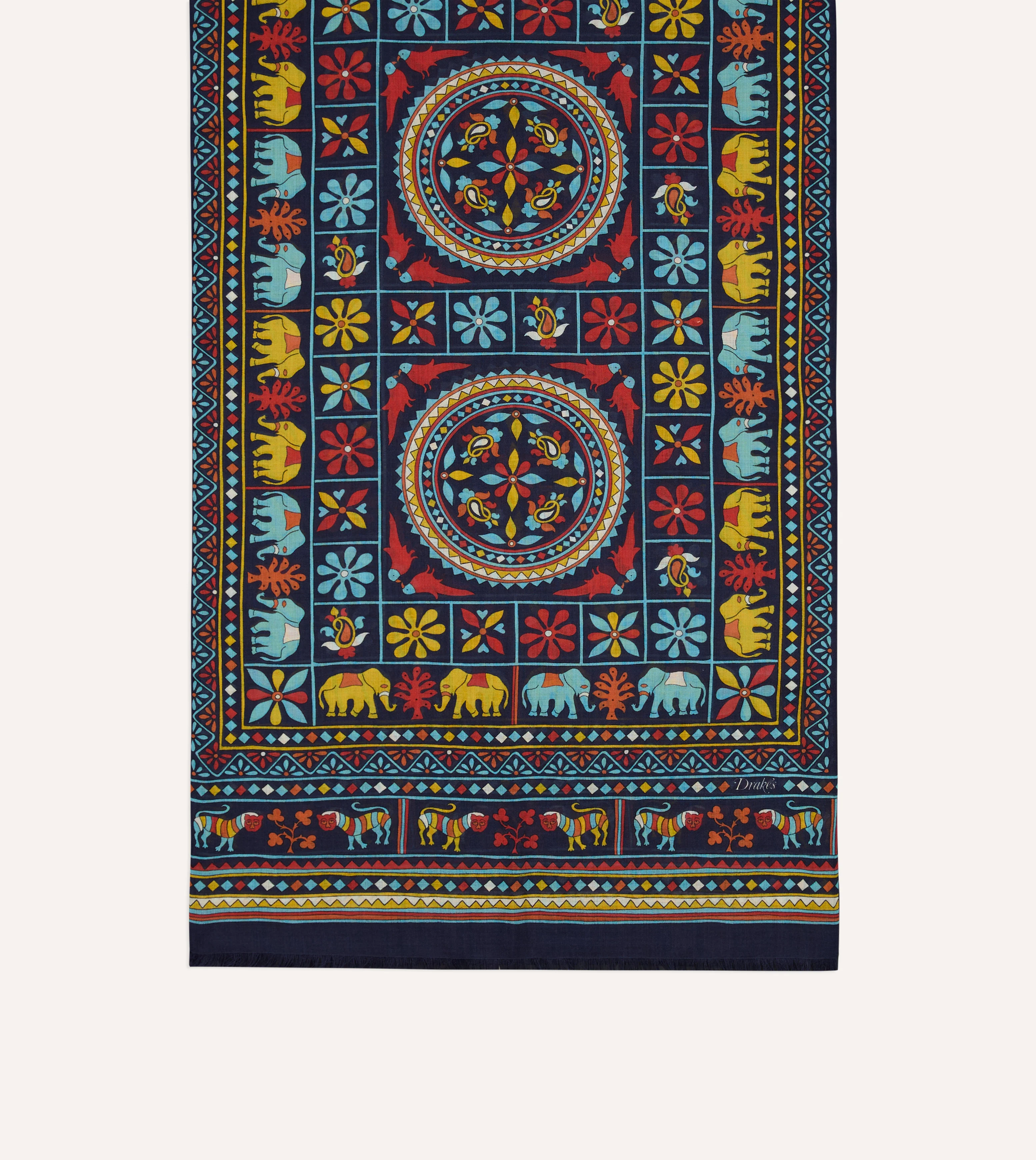 Navy Elephants and Flowers Print Wool-Silk Scarf - Image 4