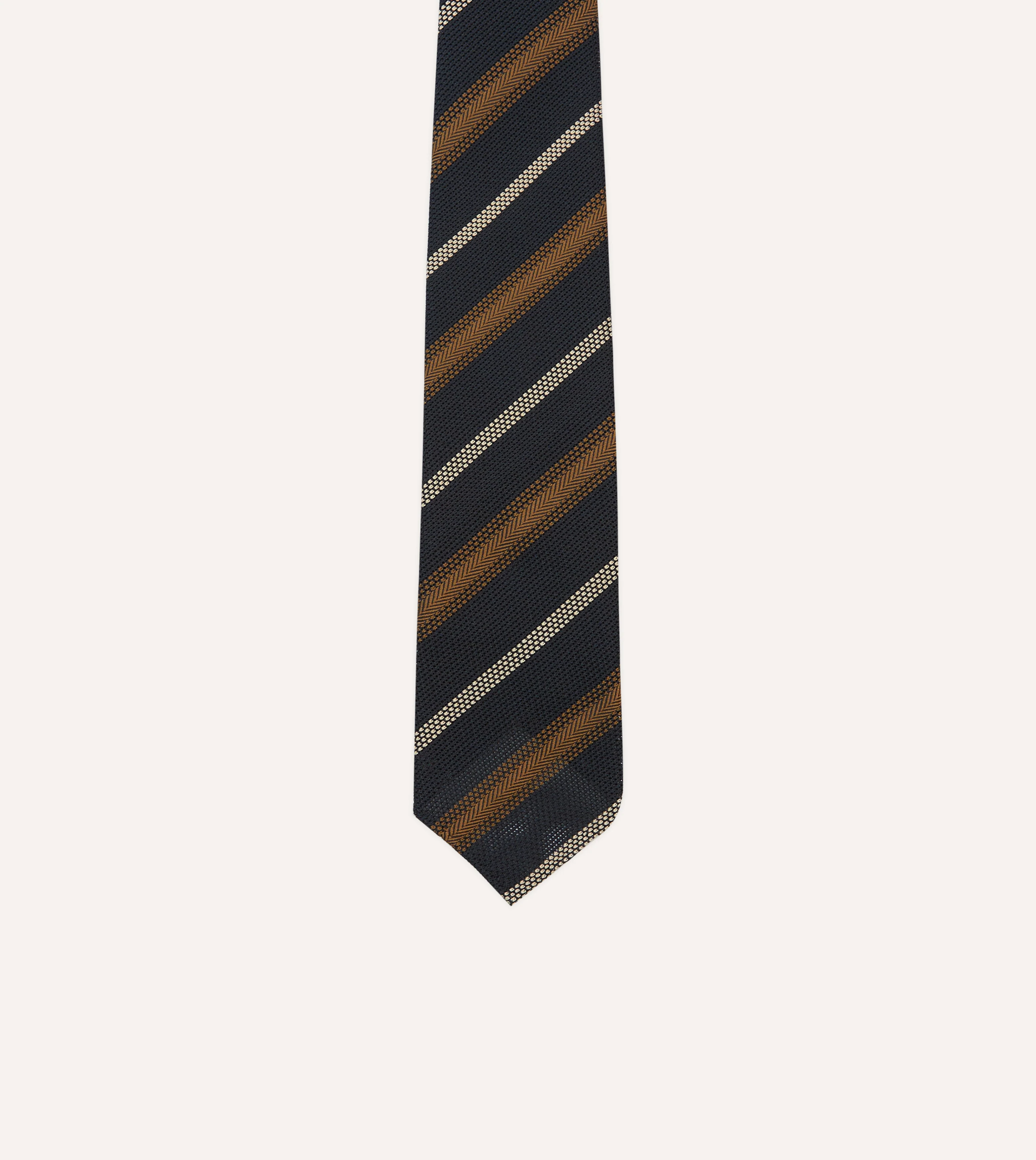 Navy, Gold and Ecru Stripe Hand Rolled Silk Grenadine Tie - Image 3