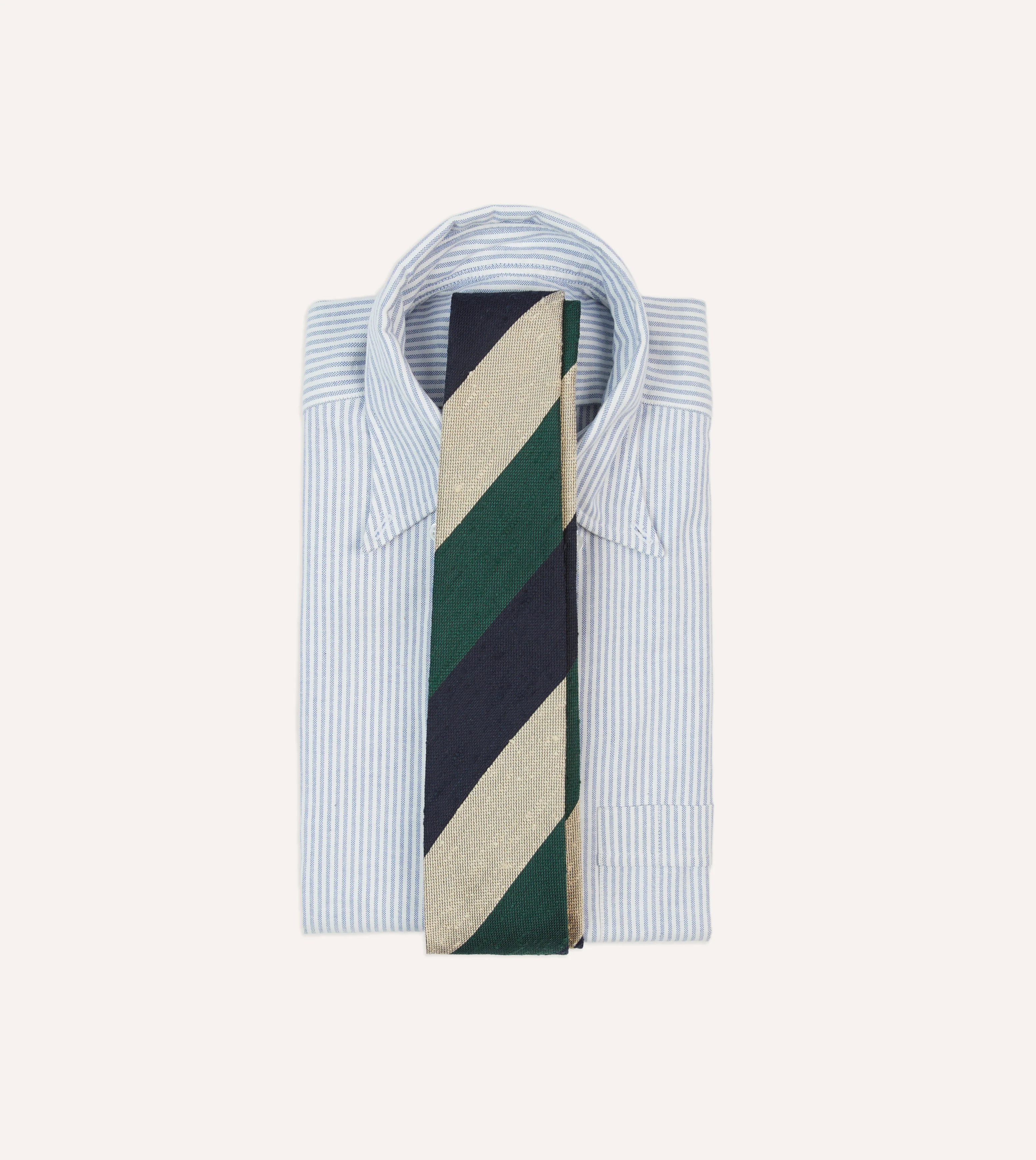 Navy, Green and Ecru Block Stripe Shantung Silk Tie - Image 2