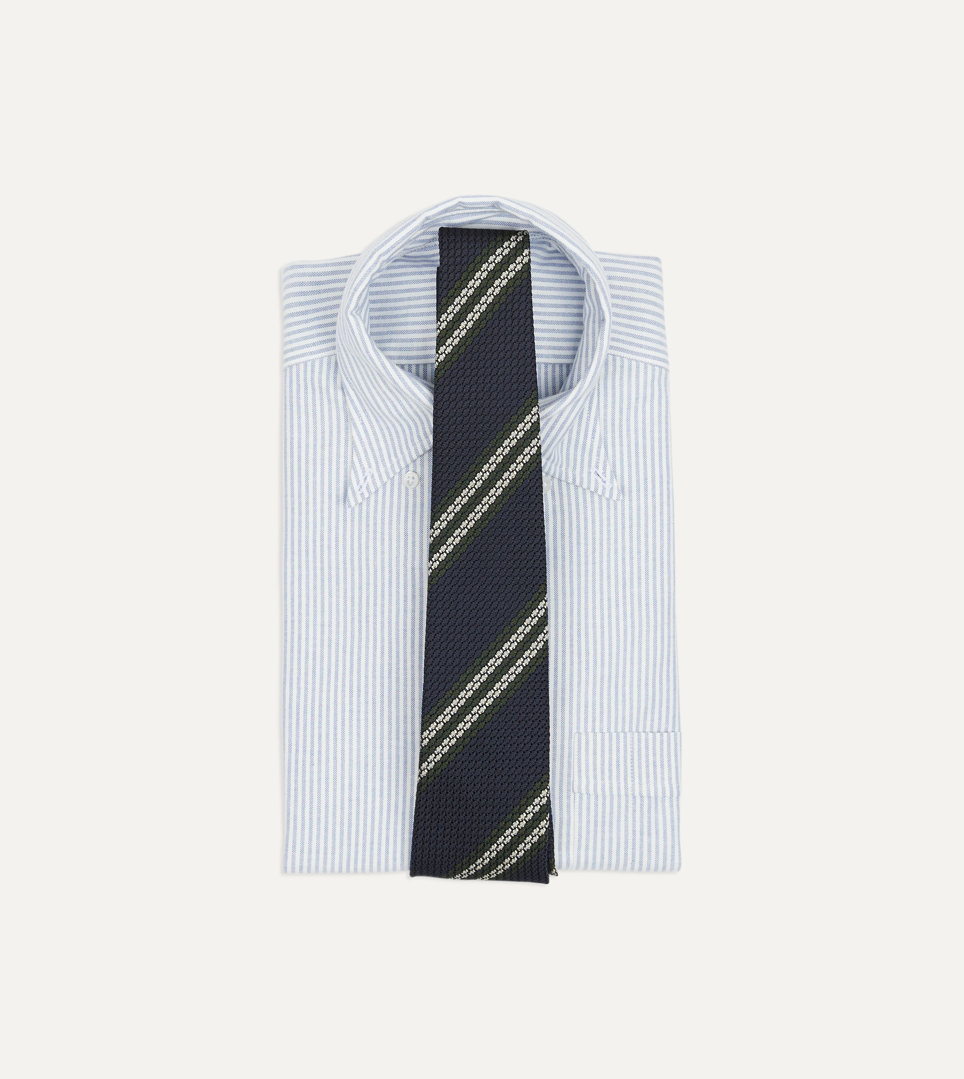 Navy, Green and White Double Stripe Silk Grenadine Tie - Image 2