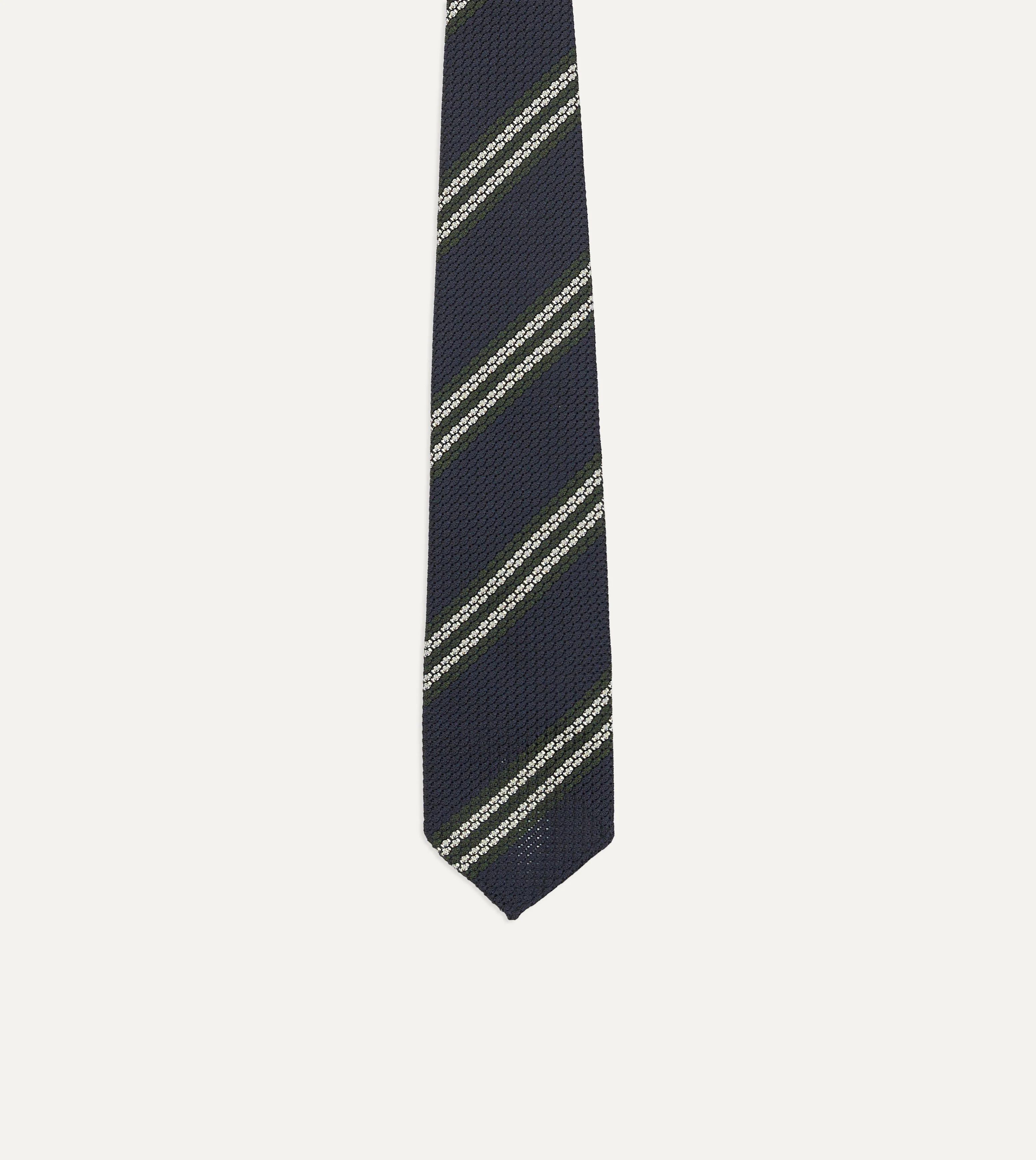 Navy, Green and White Double Stripe Silk Grenadine Tie - Image 4