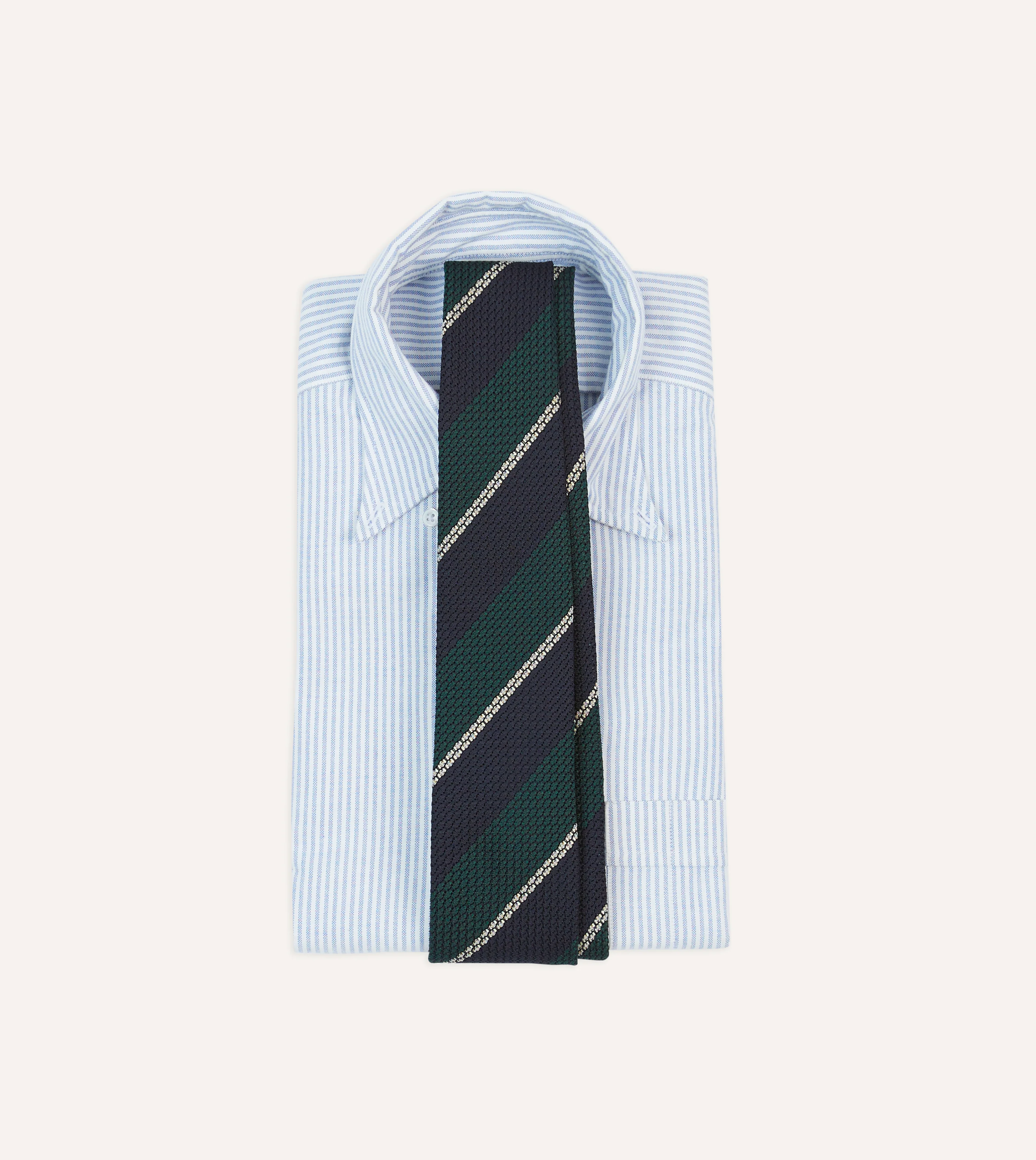 Navy, Green and White Multi Stripe Hand Rolled Silk Grenadine Tie - Image 2
