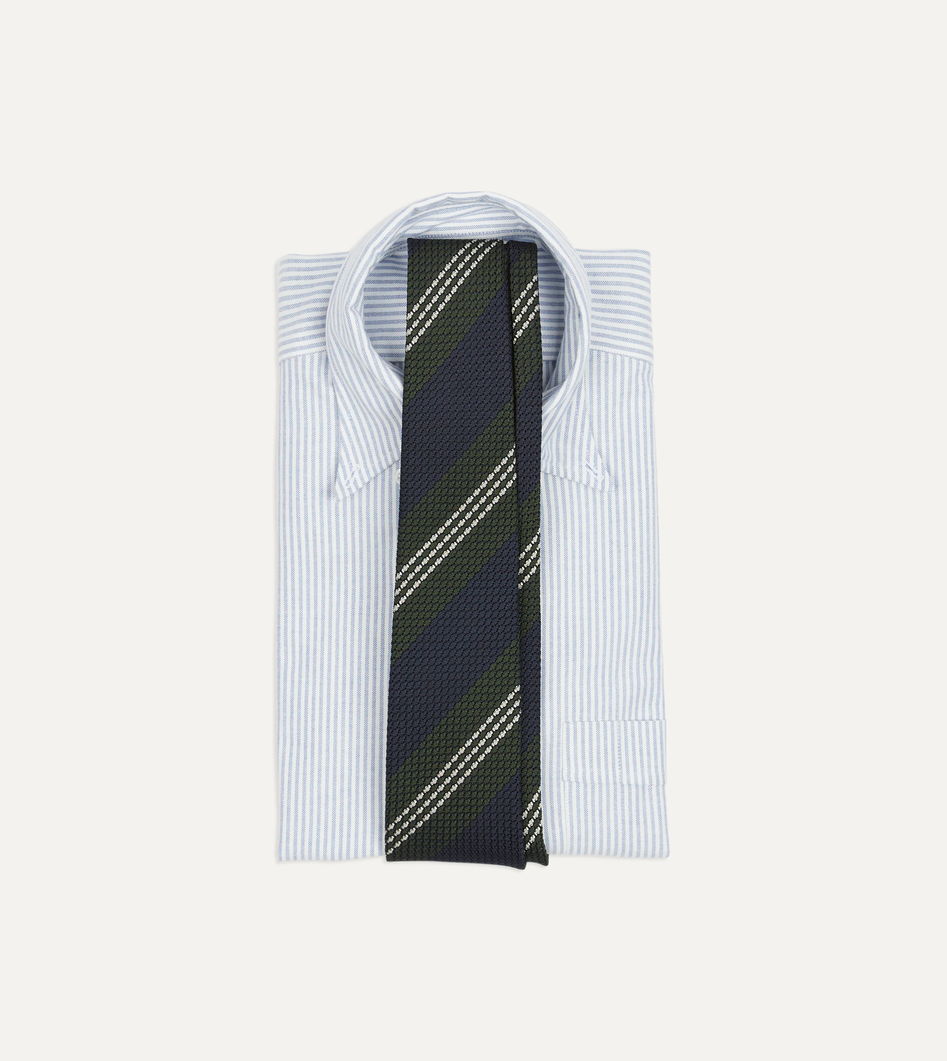 Navy, Green and White Multi Stripe Silk Grenadine Tie - Image 2