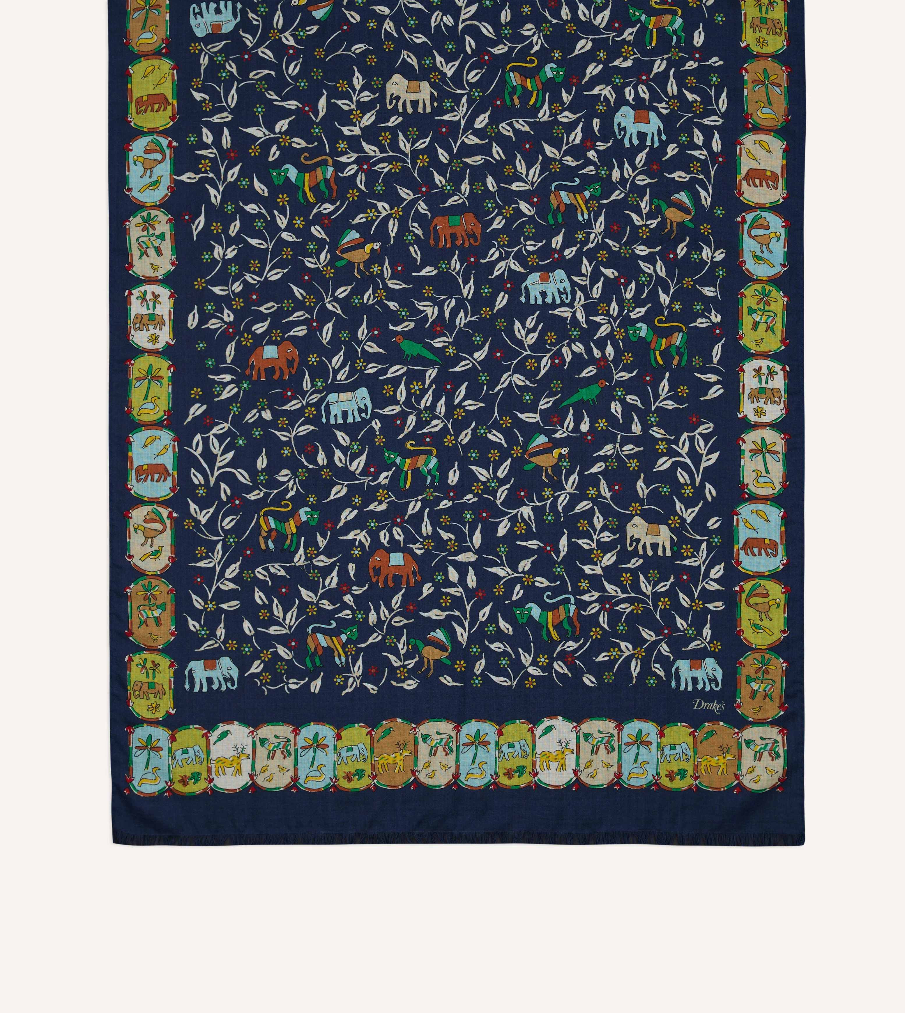 Navy Loose Animal Print Wool-Silk Scarf - Image 5