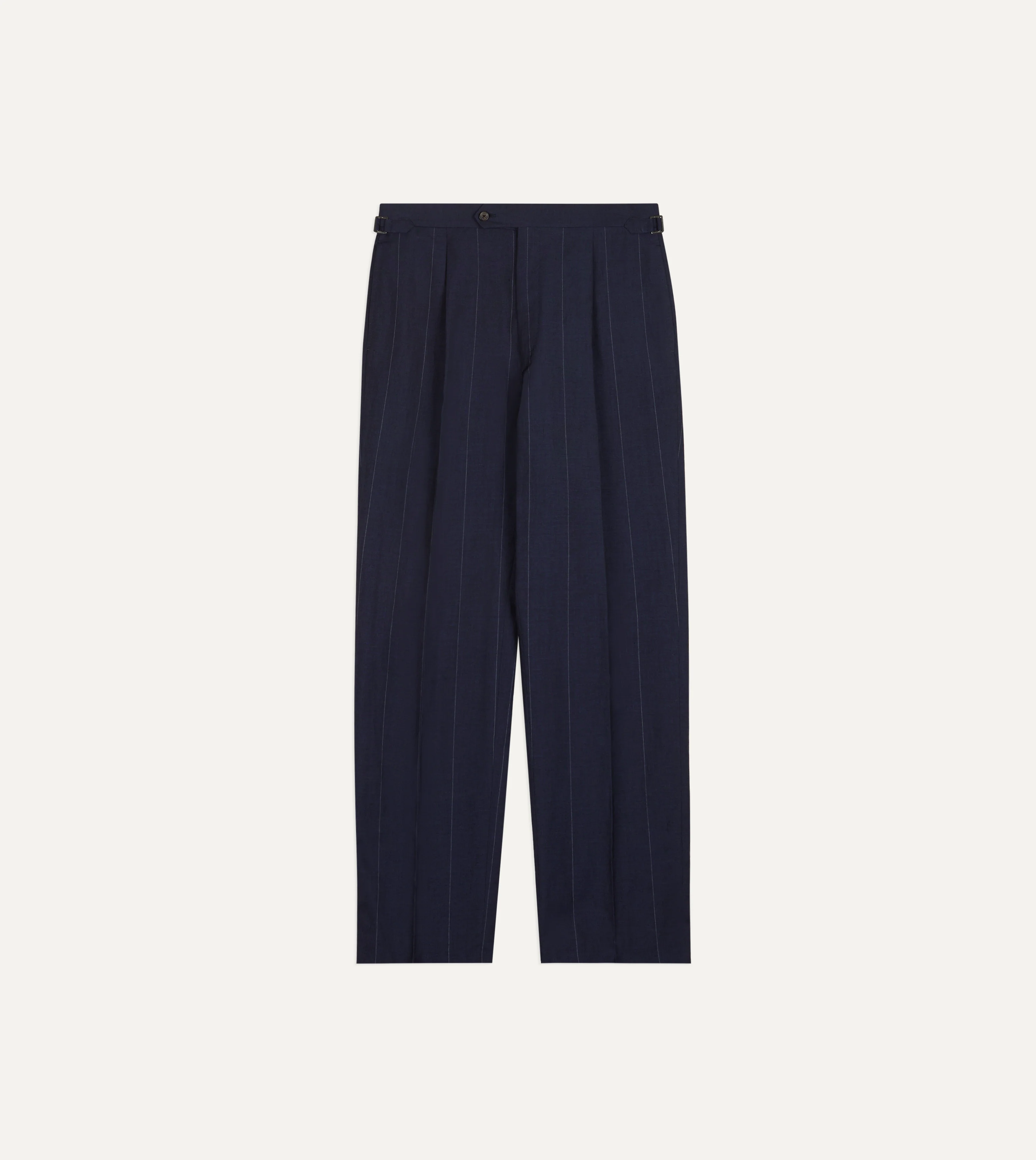 Navy Pinstripe Wool-Linen Single-Pleat Trouser - Image 3
