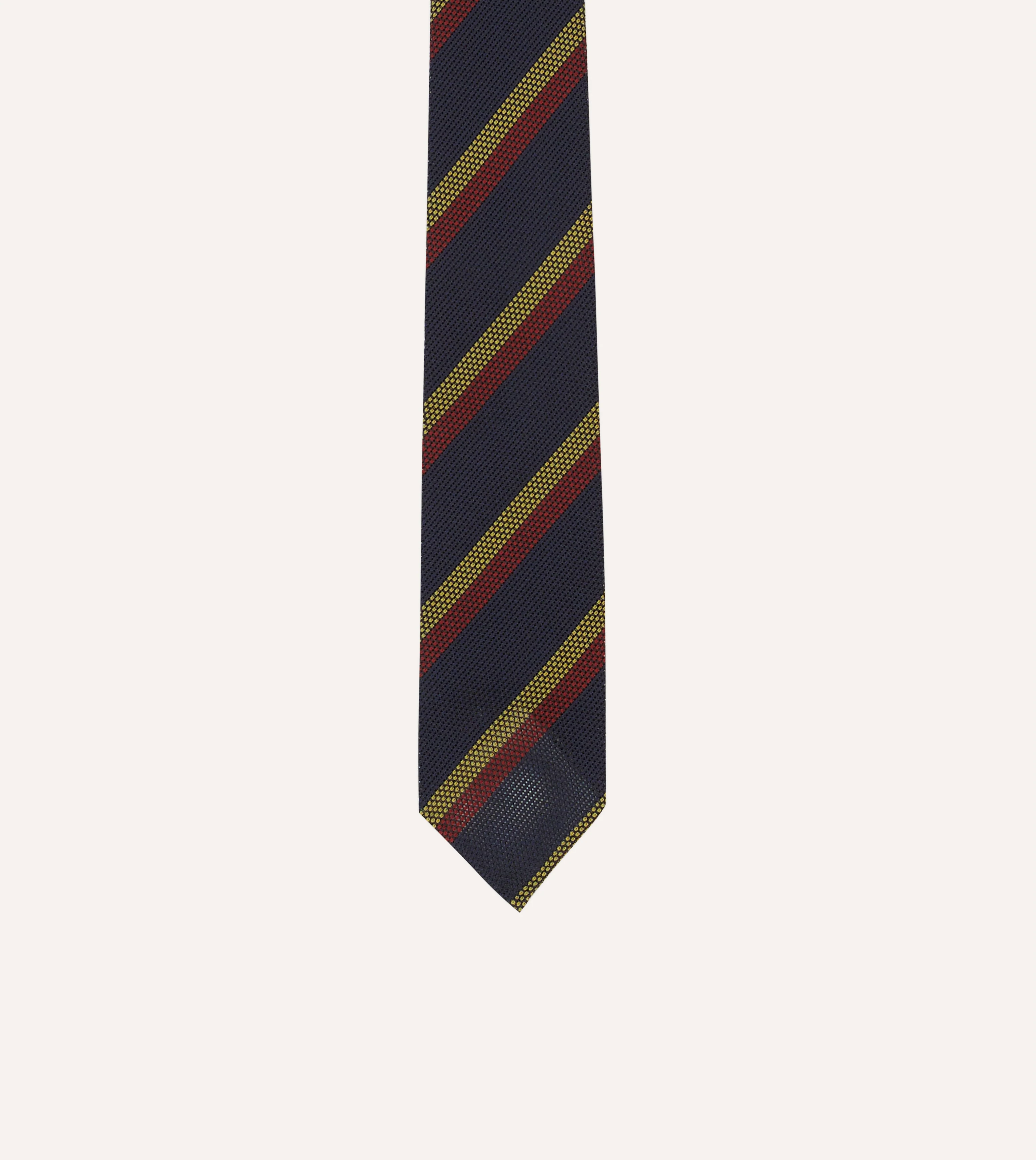 Navy, Red and Gold Double Stripe Hand Rolled Silk Grenadine Tie - Image 3