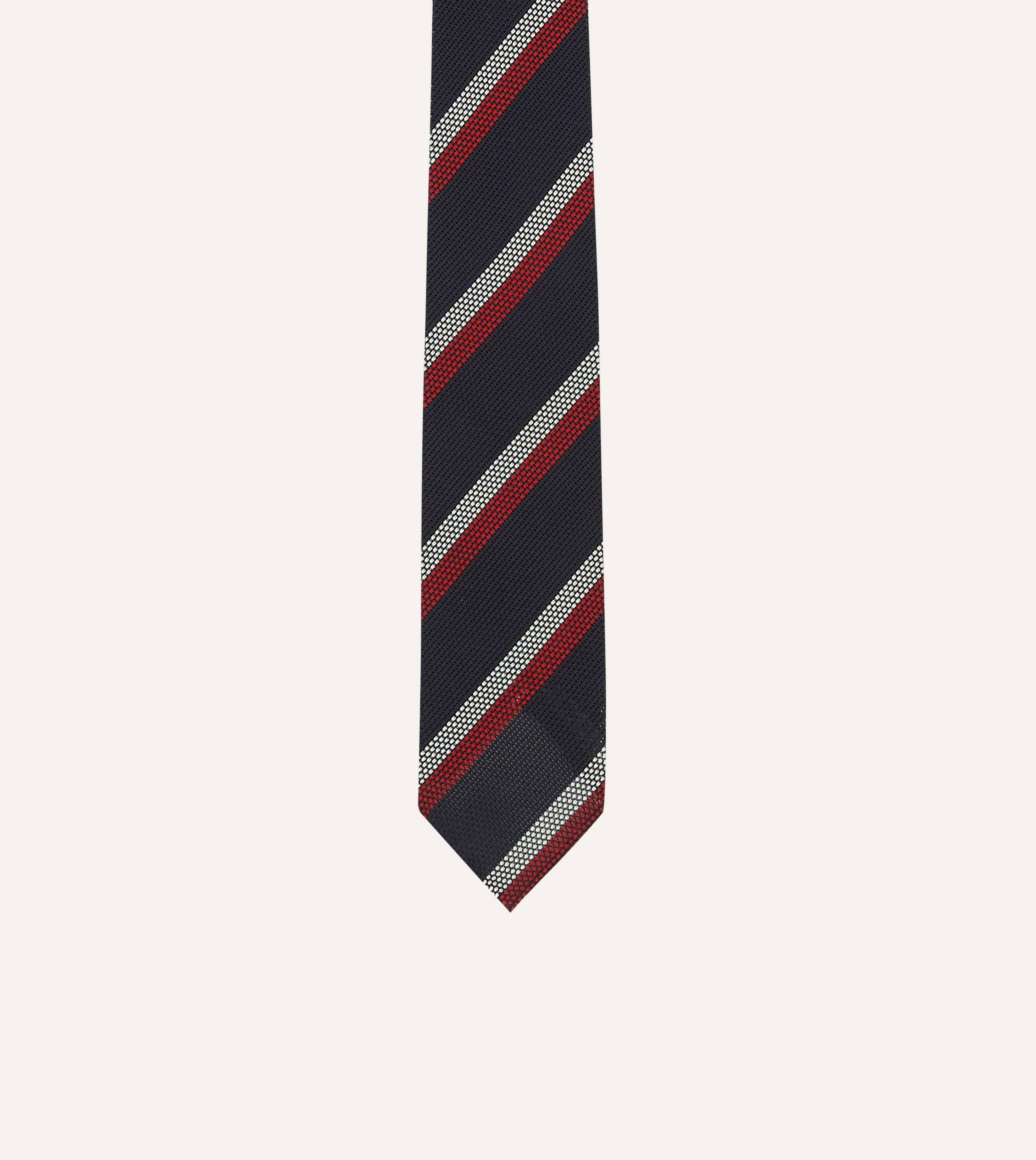 Navy, Red and White Double Stripe Hand Rolled Silk Grenadine Tie - Image 3