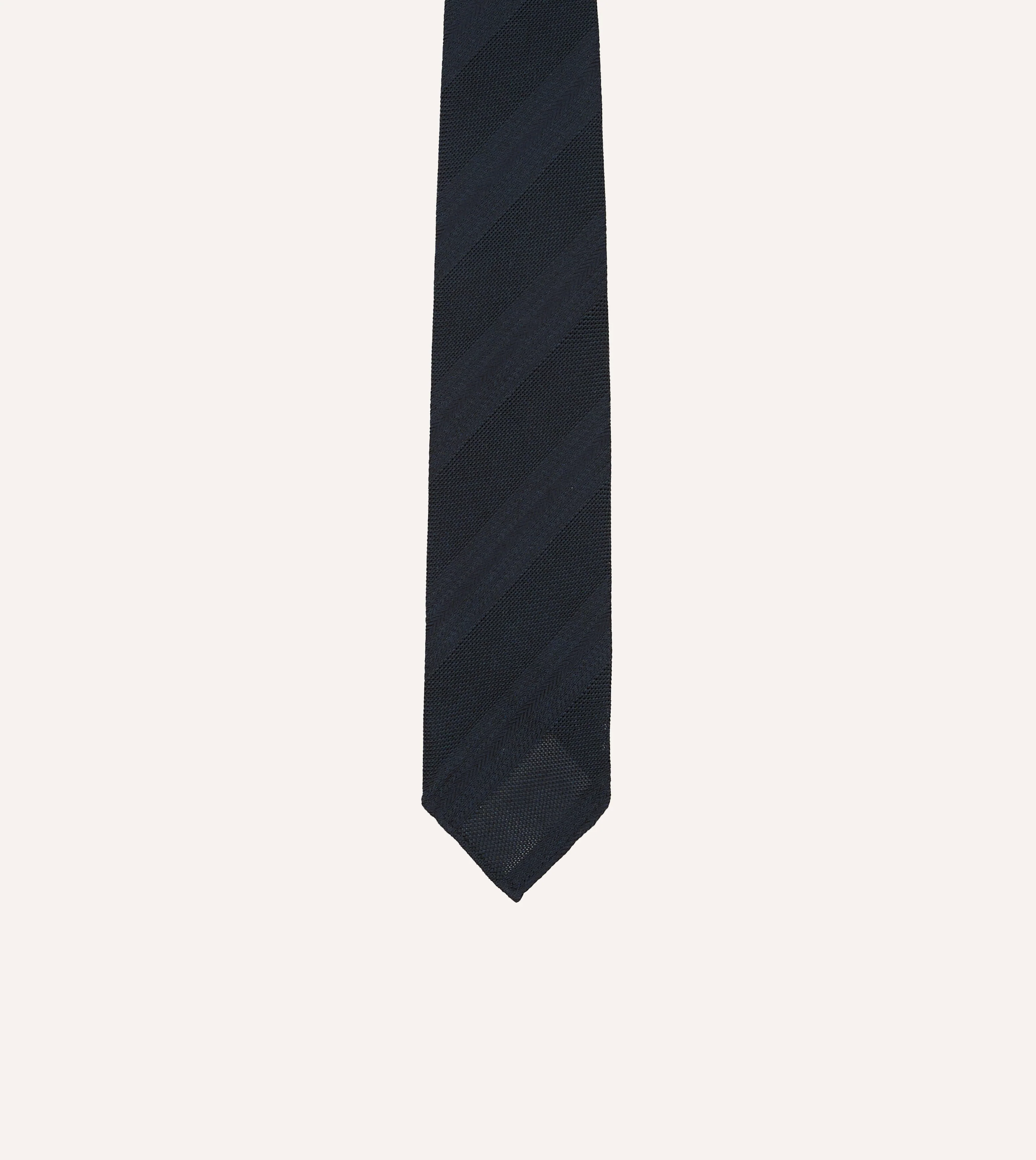 Navy Textured Stripe Hand Rolled Silk Grenadine Tie - Image 3