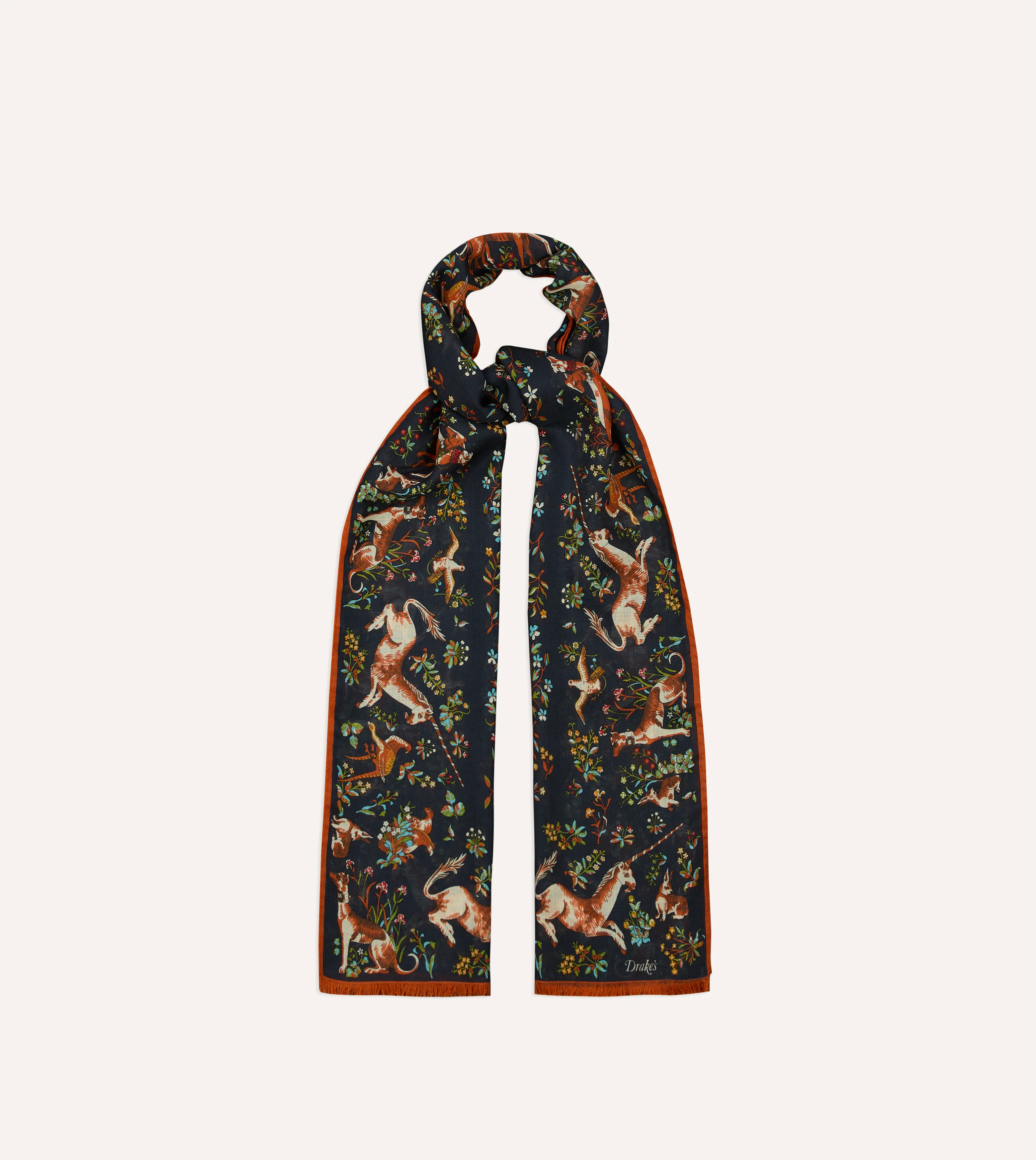 Navy Unicorn Garden Print Tubular Wool-Silk Scarf - Image 2