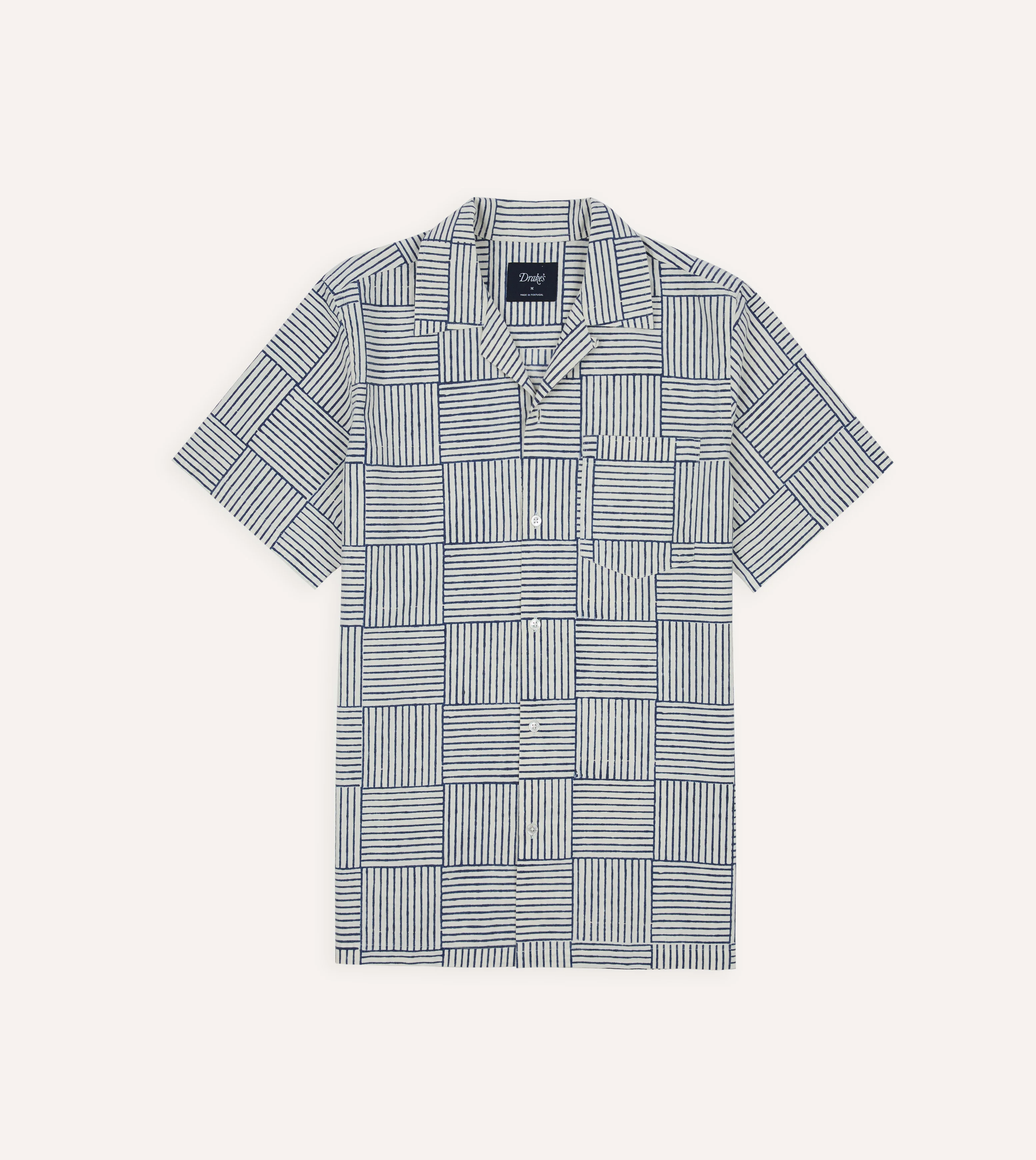Navy Weave Block Print Cotton Camp Collar Short Sleeve Shirt - Image 2