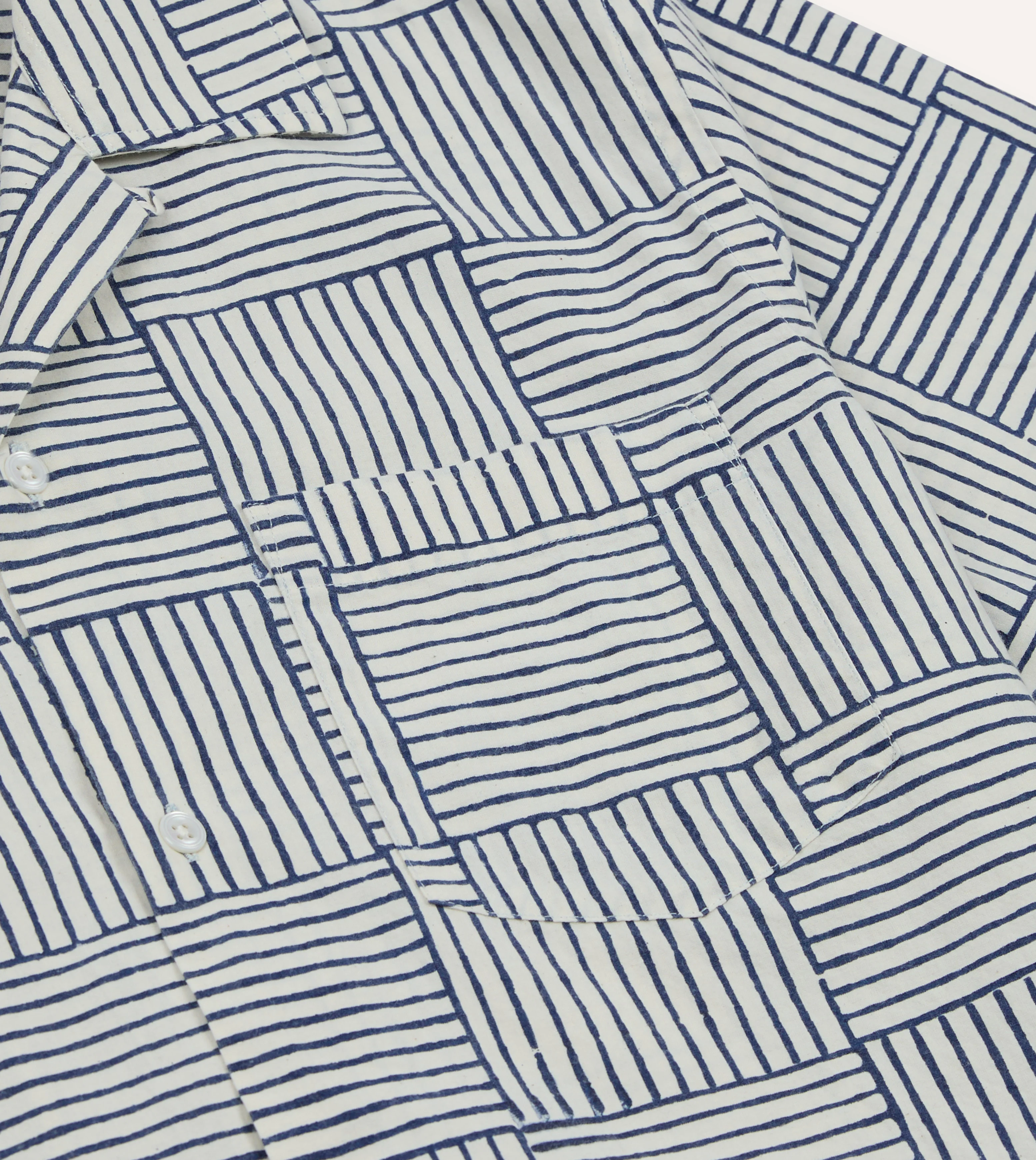 Navy Weave Block Print Cotton Camp Collar Short Sleeve Shirt - Image 5